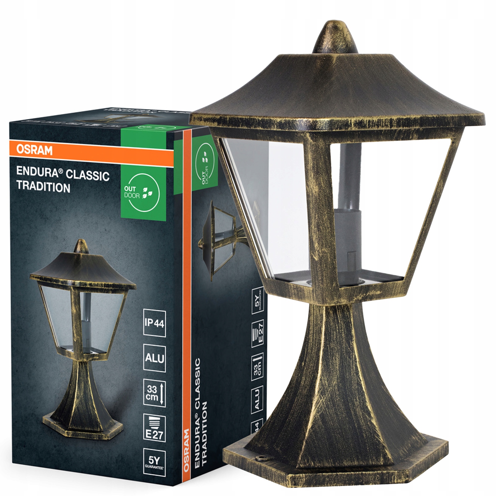 Lampa Ogrodowa Latarnia Zewnętrzna Stojąca E27 Czarna Złota IP44 Osram