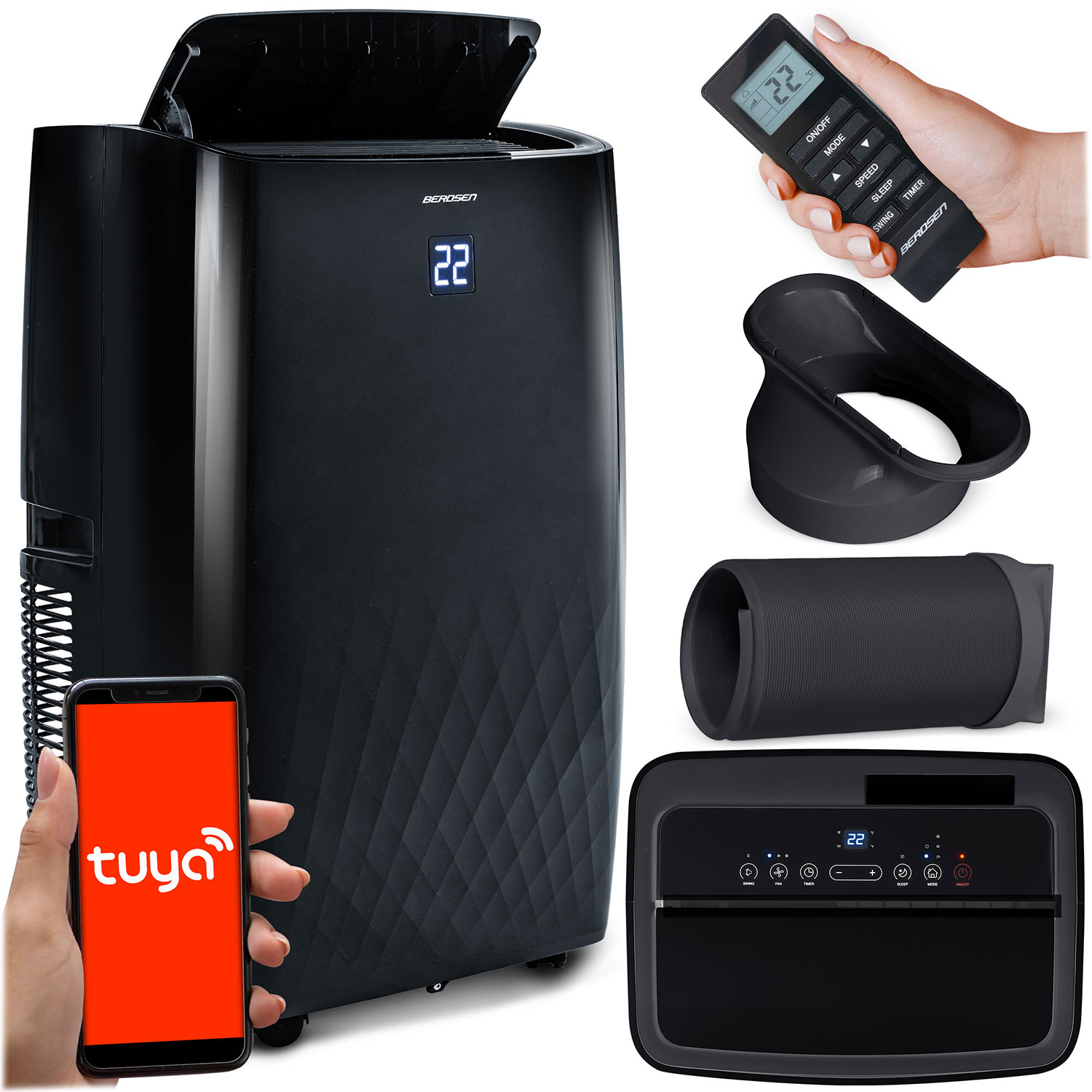 Přenosný Klimatizátor S Funkcí Ohřevu 4 kW Odvlhčovač 36 l/24 h WiFi Černý