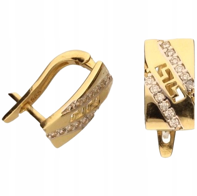 Náušnice zlaté 585 obdélníkové se zirkony, řecký anglický vzor, 2,10 g