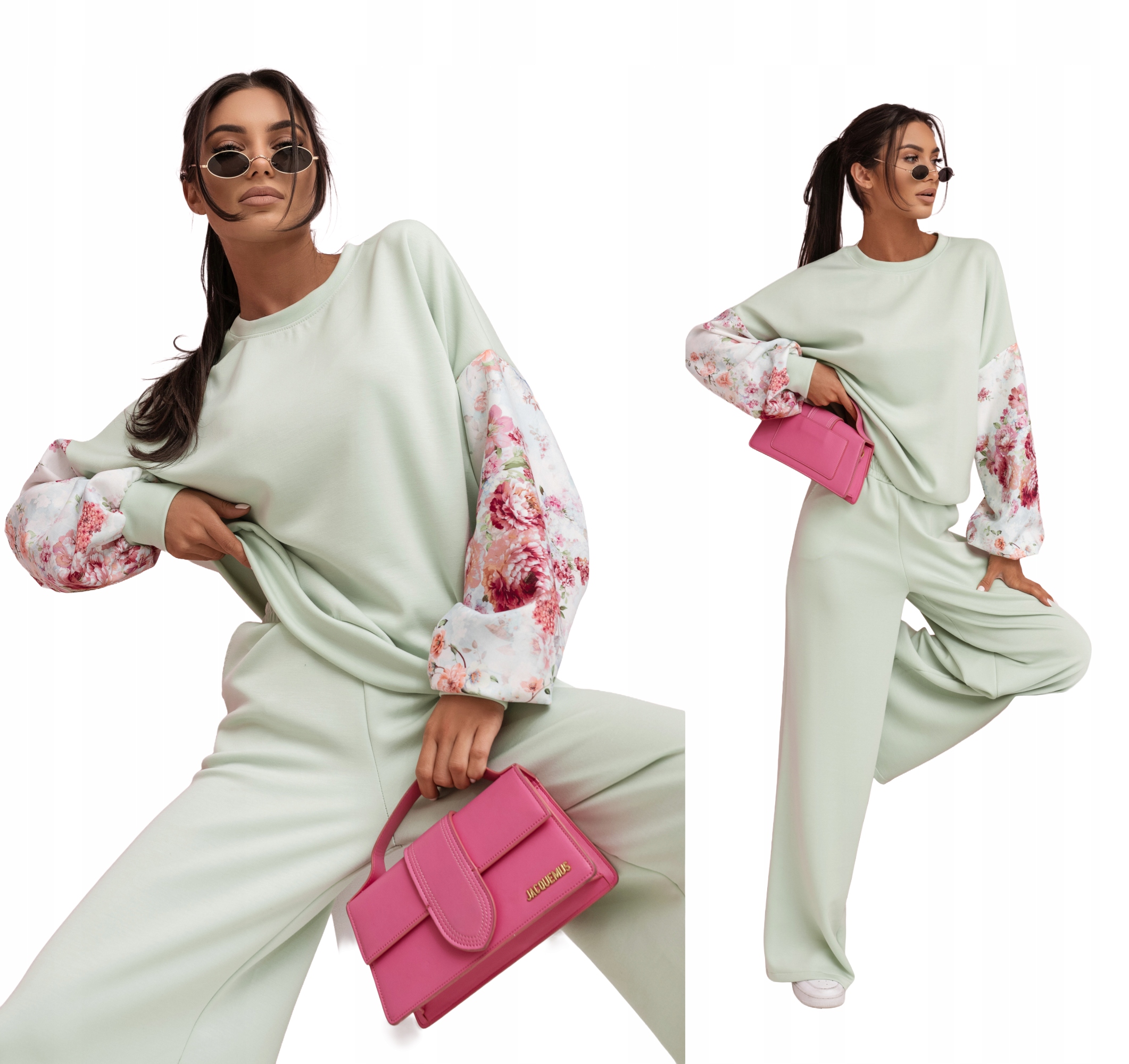 Dámský Tepláková Souprava Mikina Kalhoty Máslo Volné Květy Mátová S/m