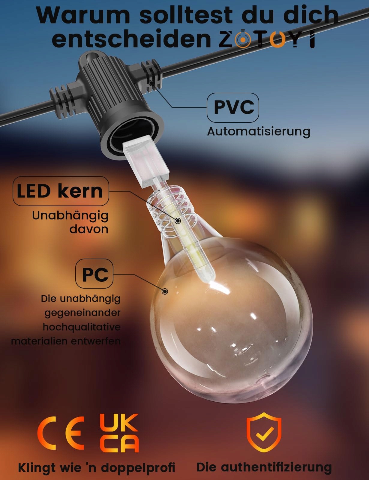 ZOTOYI Girlanda Świetlna 80FT IP65 Wodoodporna 32 Lampy LED Ciepły Biały — miniatura 6
