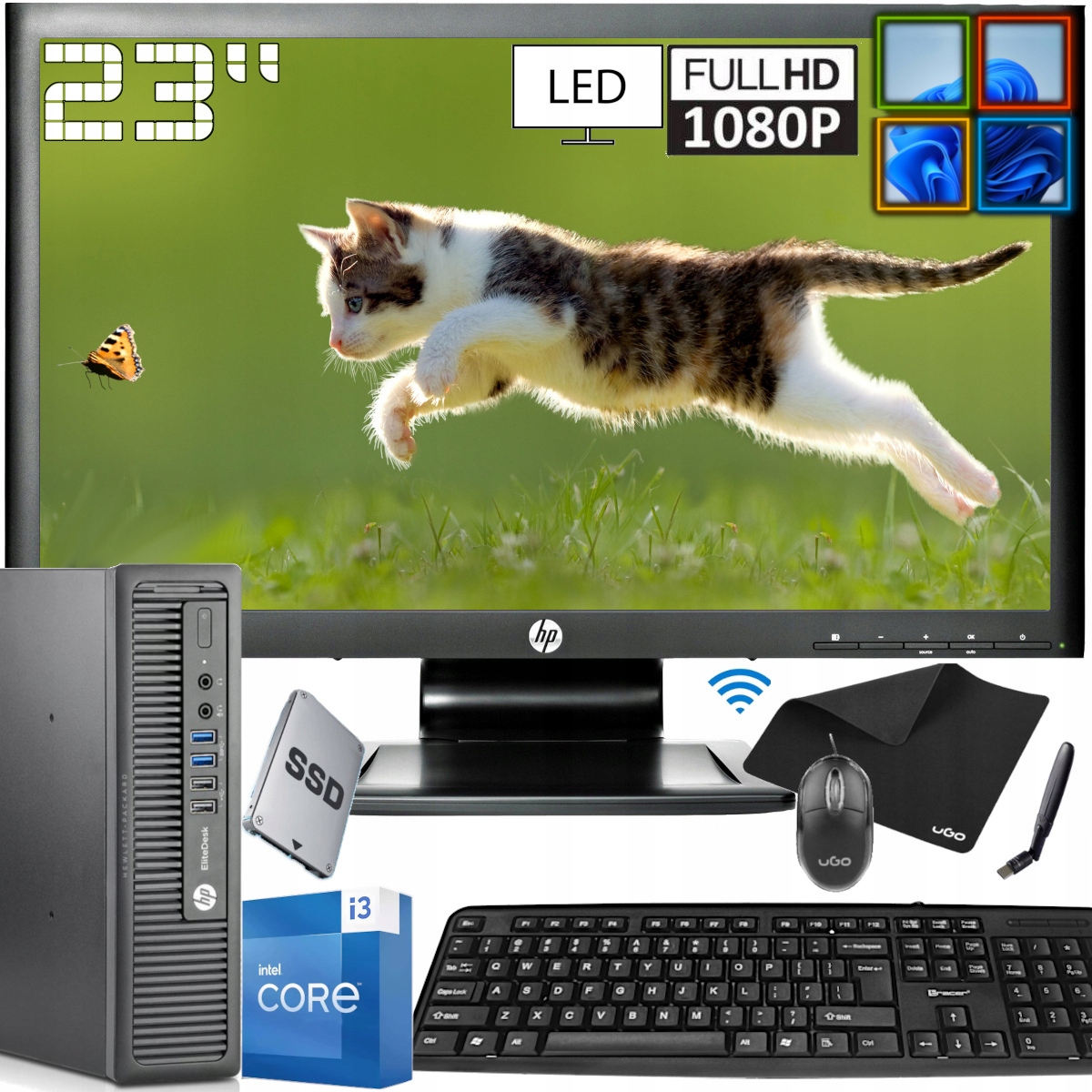 ZESTAW KOMPUTER HP 800 G1 Core i3 240 SSD WiFi MONITOR LED 23'' WIN11