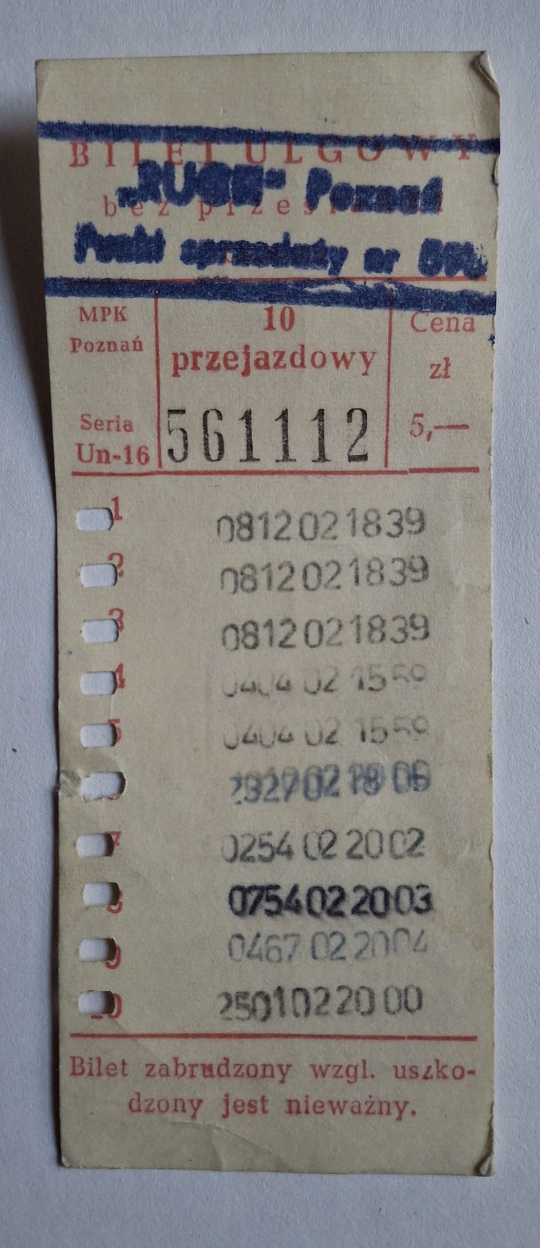 BILET 10 PRZEJAZDOWY MPK POZNAŃ