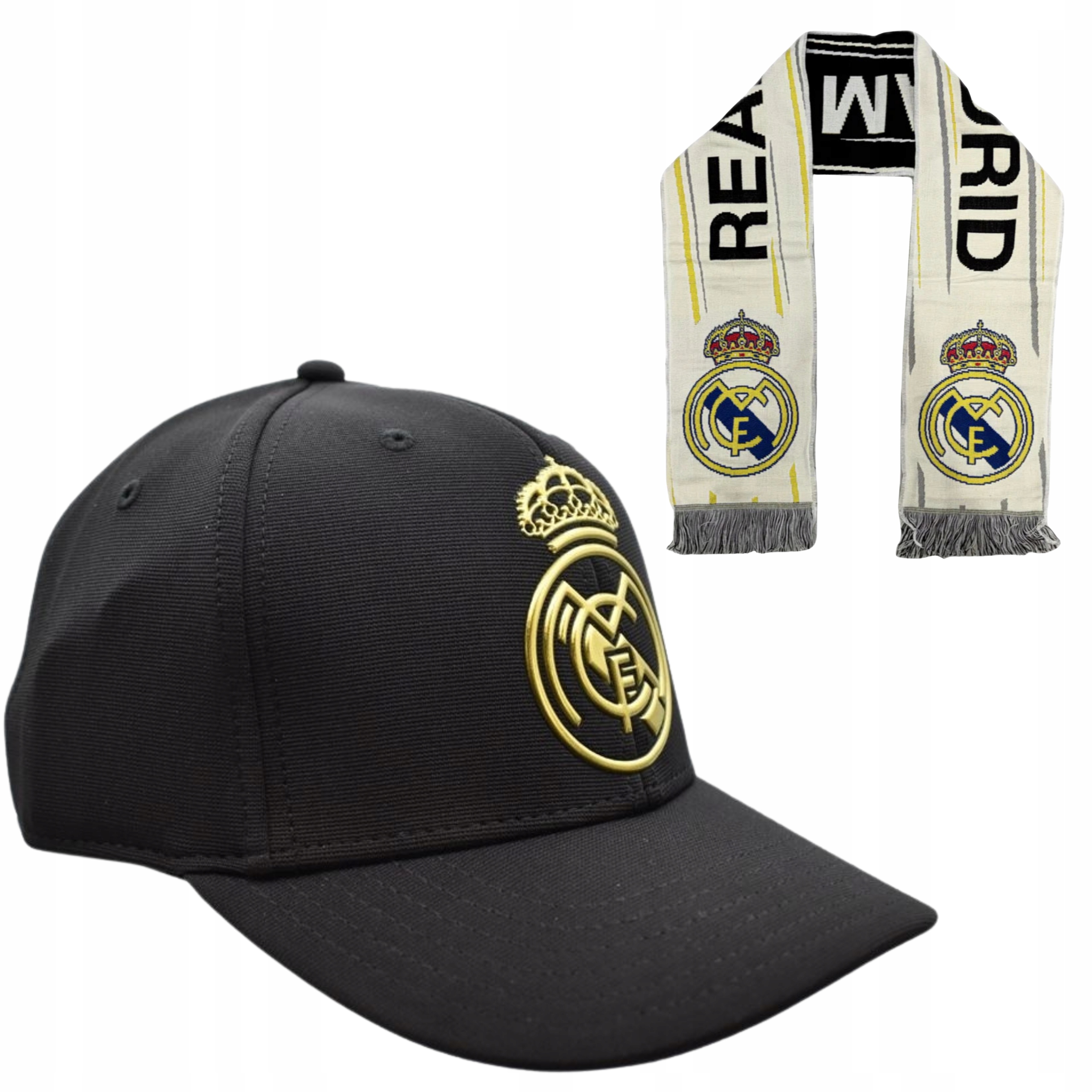 Zestaw Real Madryt dla kibica chłopca czapka czarna z daszkiem i szalik