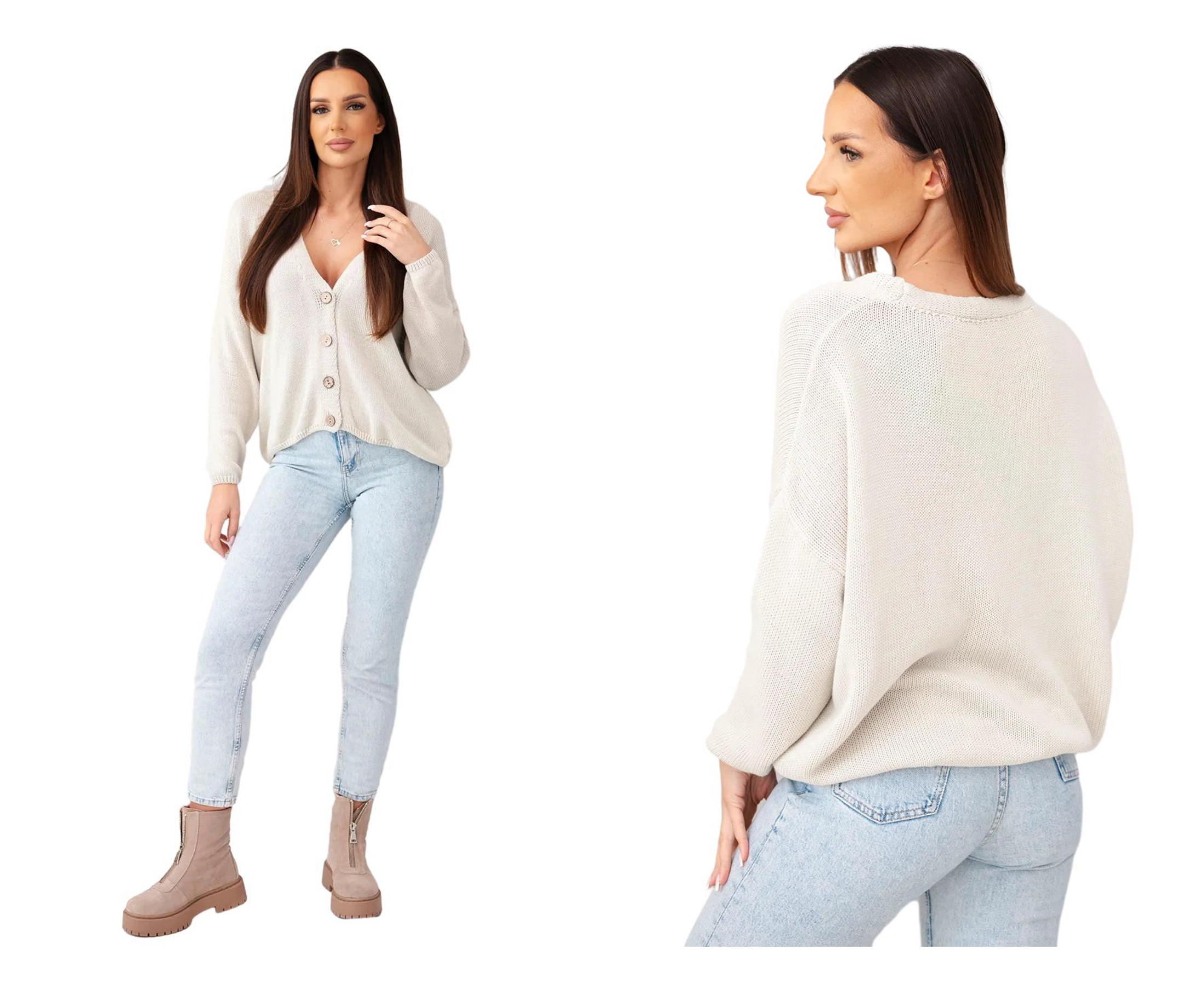 Dámský bavlněný oversize kardigan na knoflíky, výstřih V, volný, béžový