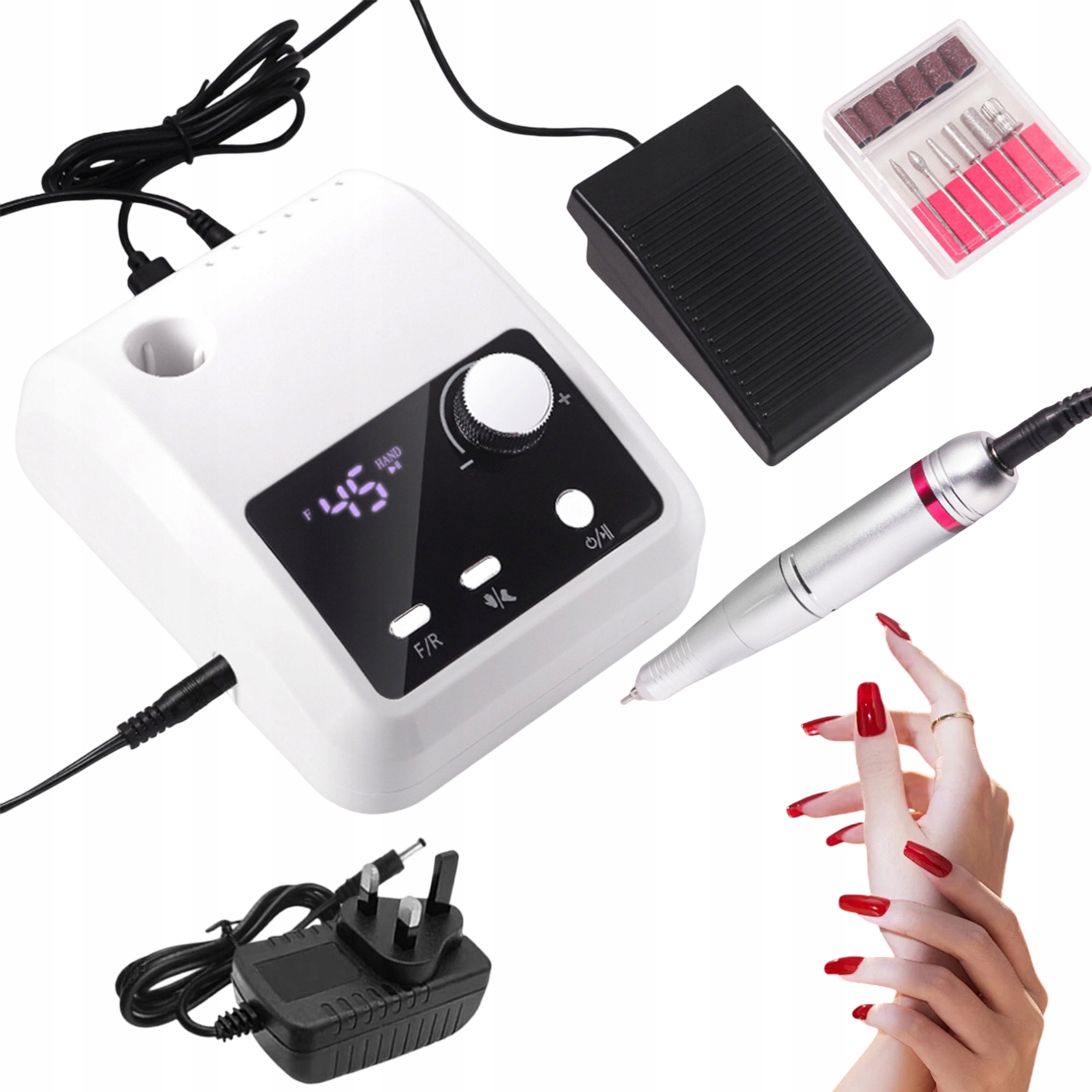 Profesionální Bruska Na Nehty 45000 Rpm S Nožním Pedálem A Sadou Bílá