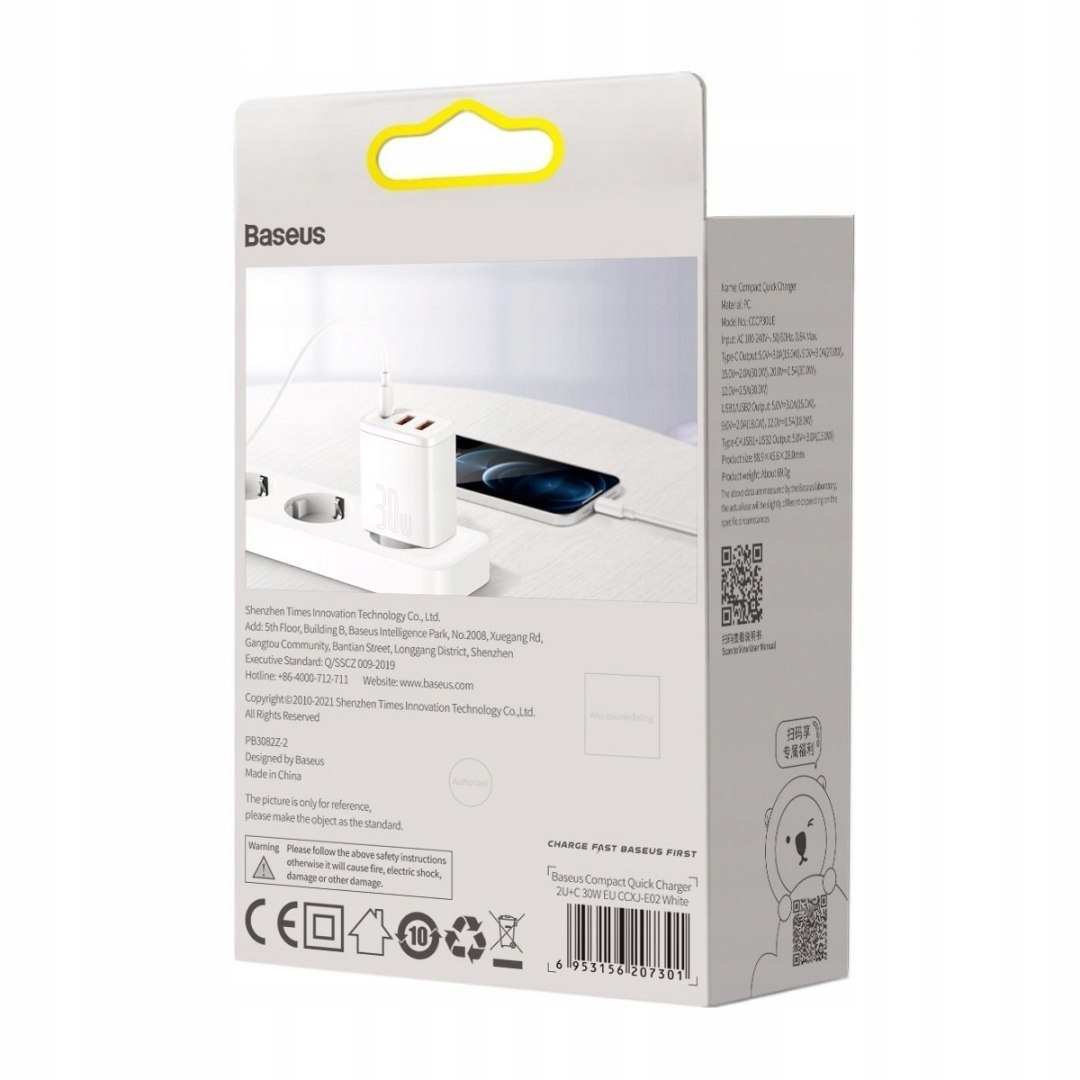 BASEUS Compact szybka ładowarka sieciowa 2xUSB USB-C 30W 3A PD QC 3.0 biała Waga produktu z opakowaniem jednostkowym 0.1 kg