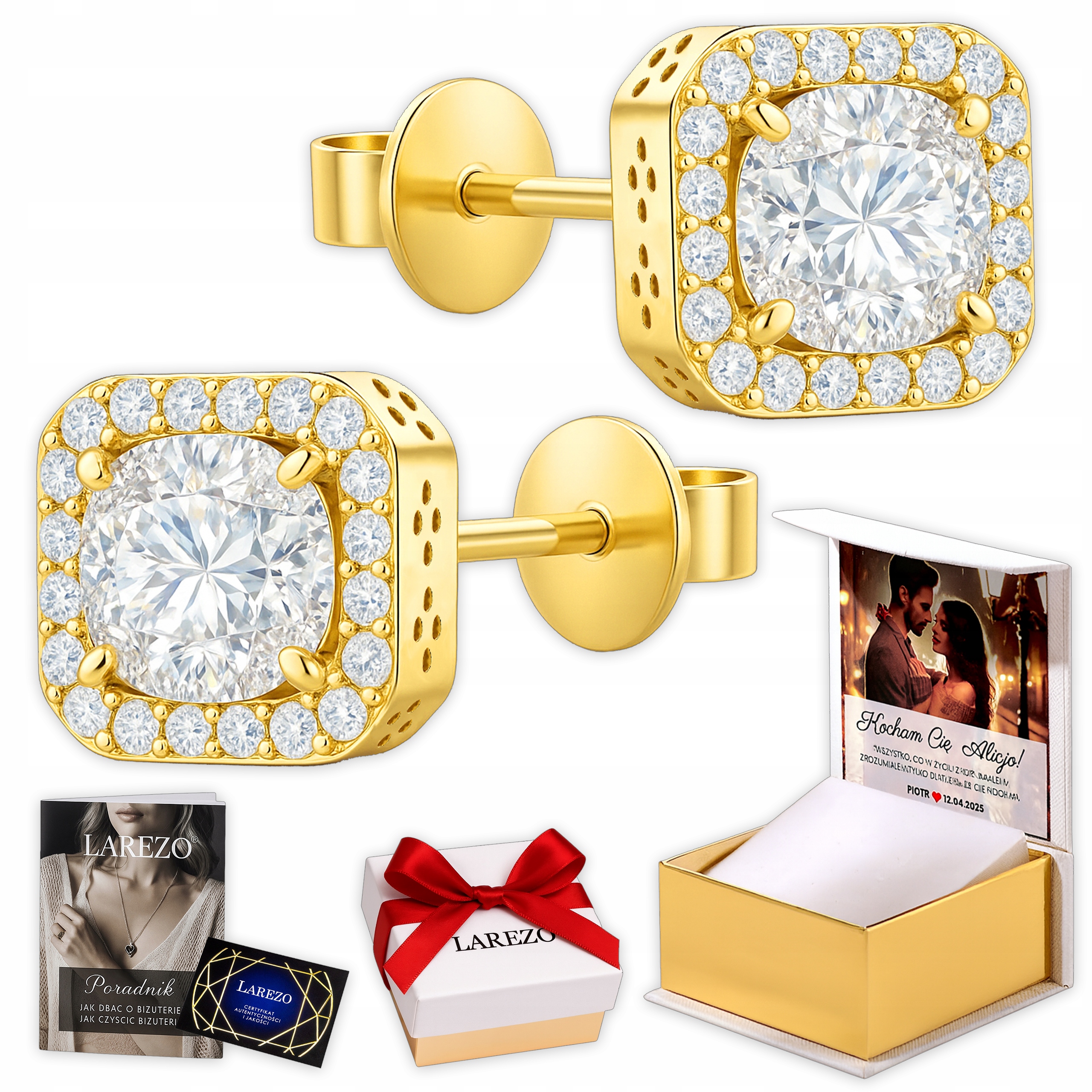 Zlaté Náušnice 925 Velké Křišťálové Čtverce s Zirkony Obdélníky Potisk