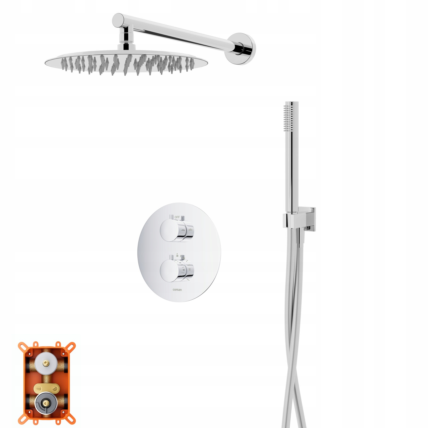 Sprchový set Corsan Lugo chróm s dažďovou sprchou 25 cm, termostatická batéria