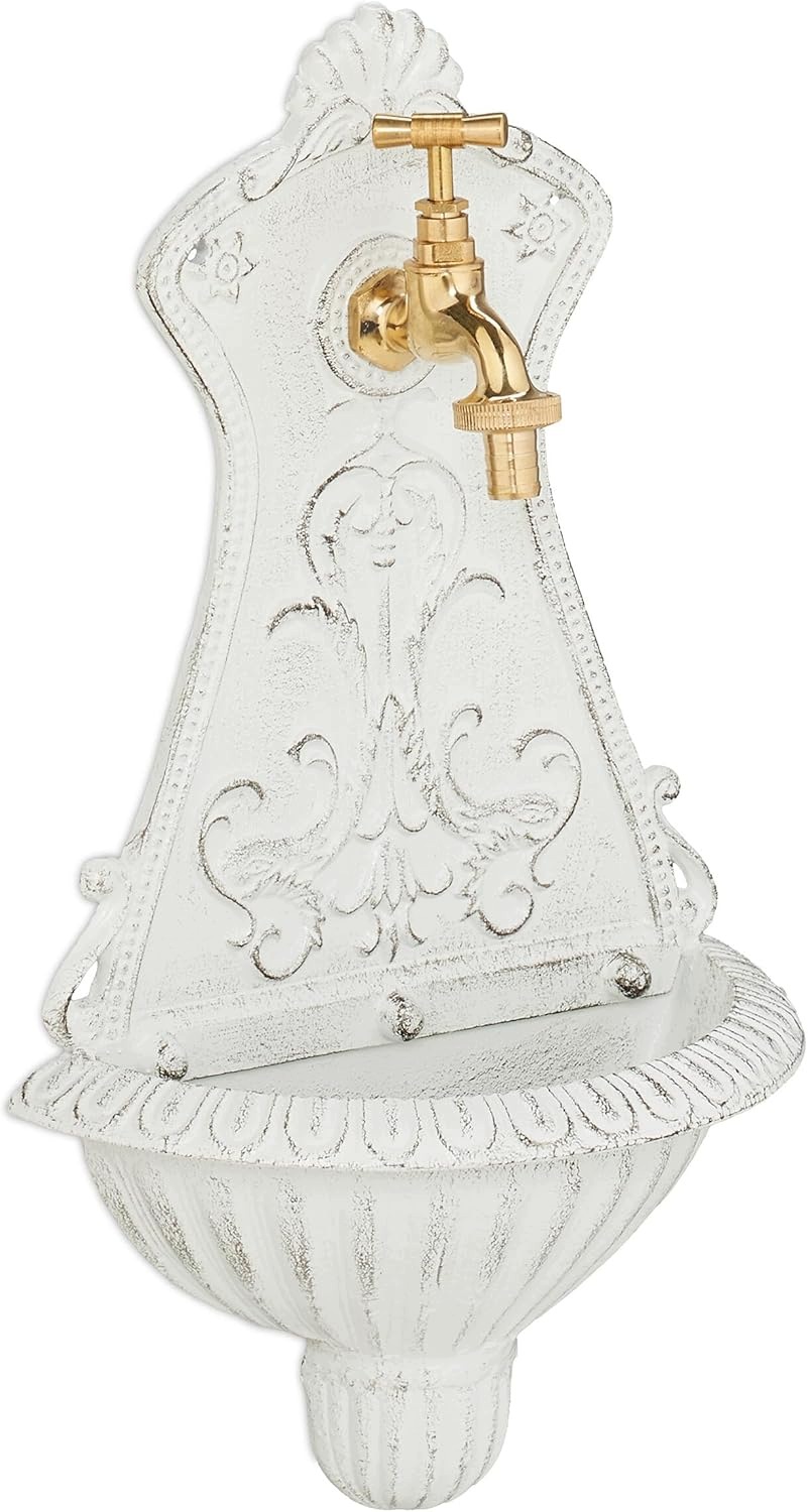 Nástenná Liatinová Záhradná Umývadlová Fontána Vintage 42 CM Biela Mosadz