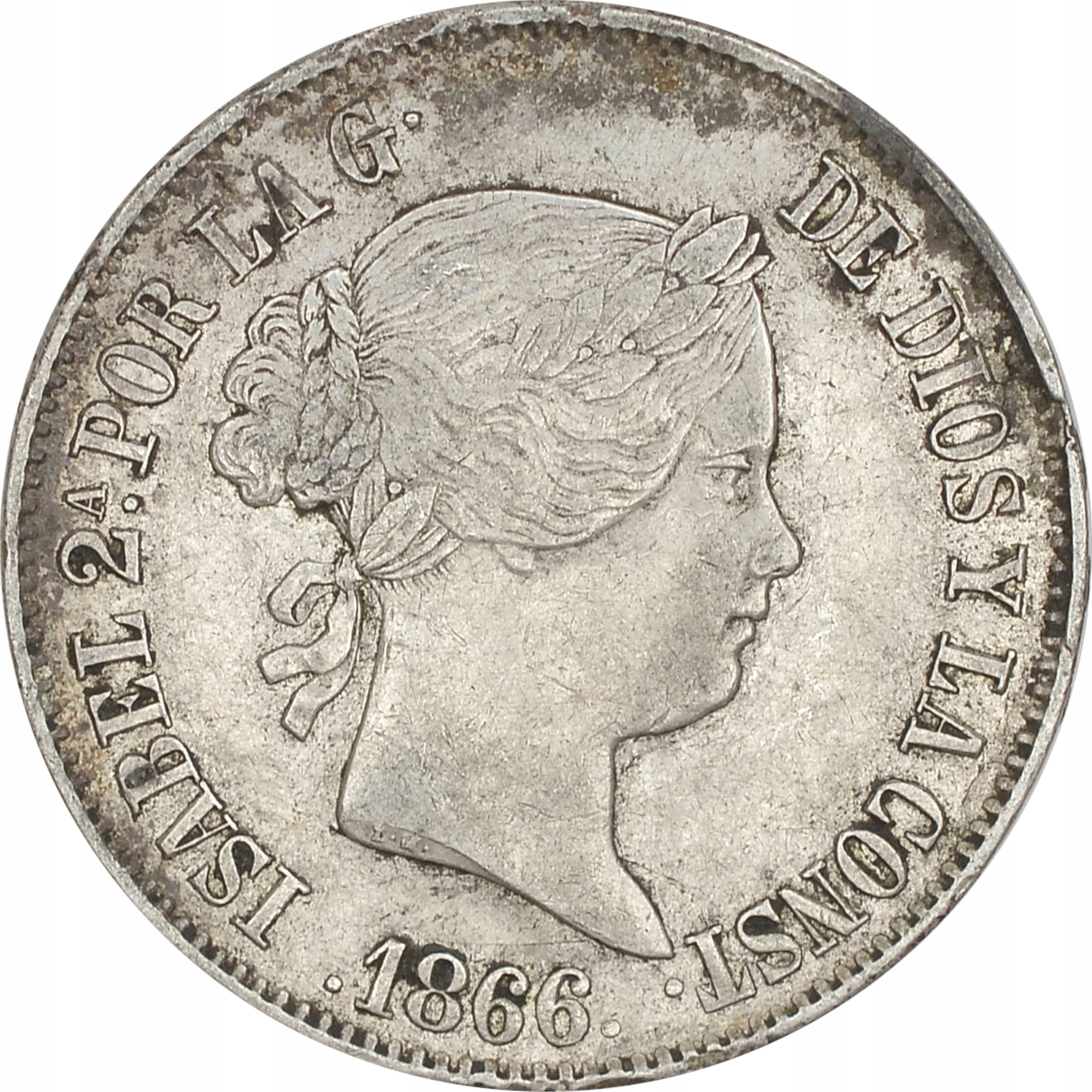 17.HISZPANIA, IZABELA II, 1 ESCUDO 1866 rzadsza
