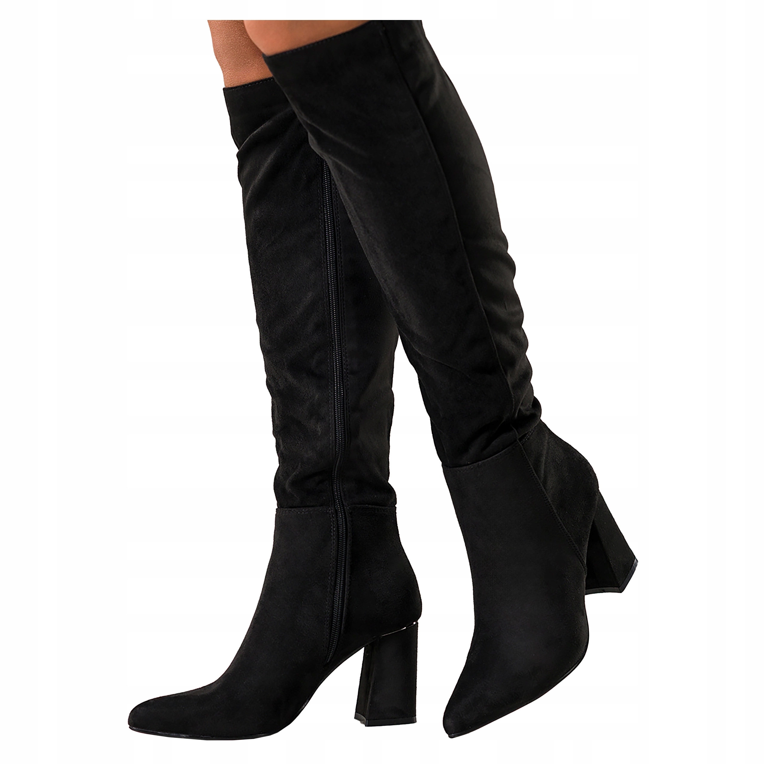 Černé Dámské Kozačky Pohodlné Široký Ozdobný Sloupek Moderní Semišové vel. 37