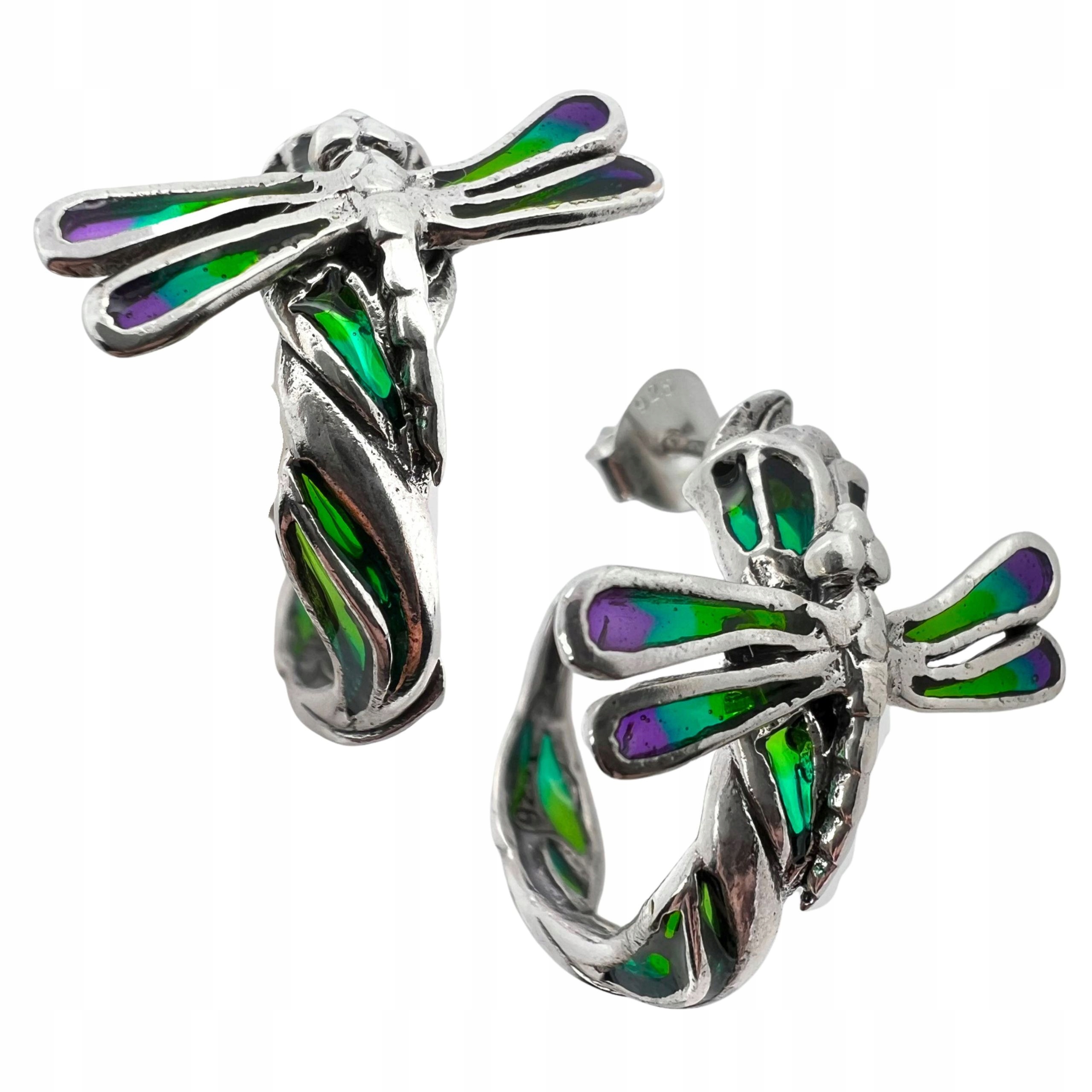 Stříbrné Náušnice Ryzosti 925 Zelené Ve Tvaru Vážky Z Vitrážového Skla