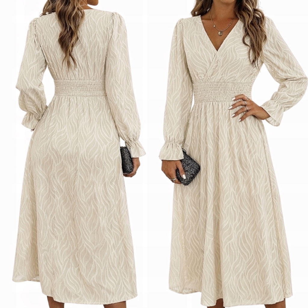 Sukienka damska maxi unikatowy wzór elastyczny pas beżowa