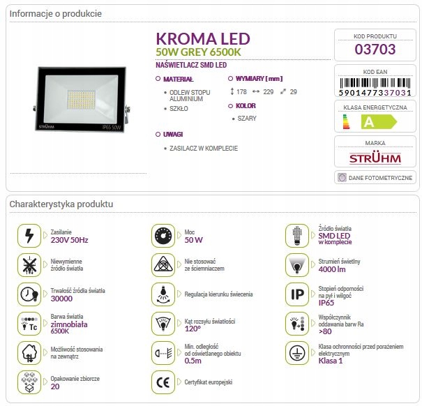 Naświetlacz lampa halogen LED KROMA 50W zimny IP65 Informacje dodatkowe oprawa hermetyczna regulacja padania światła źródło światła w zestawie