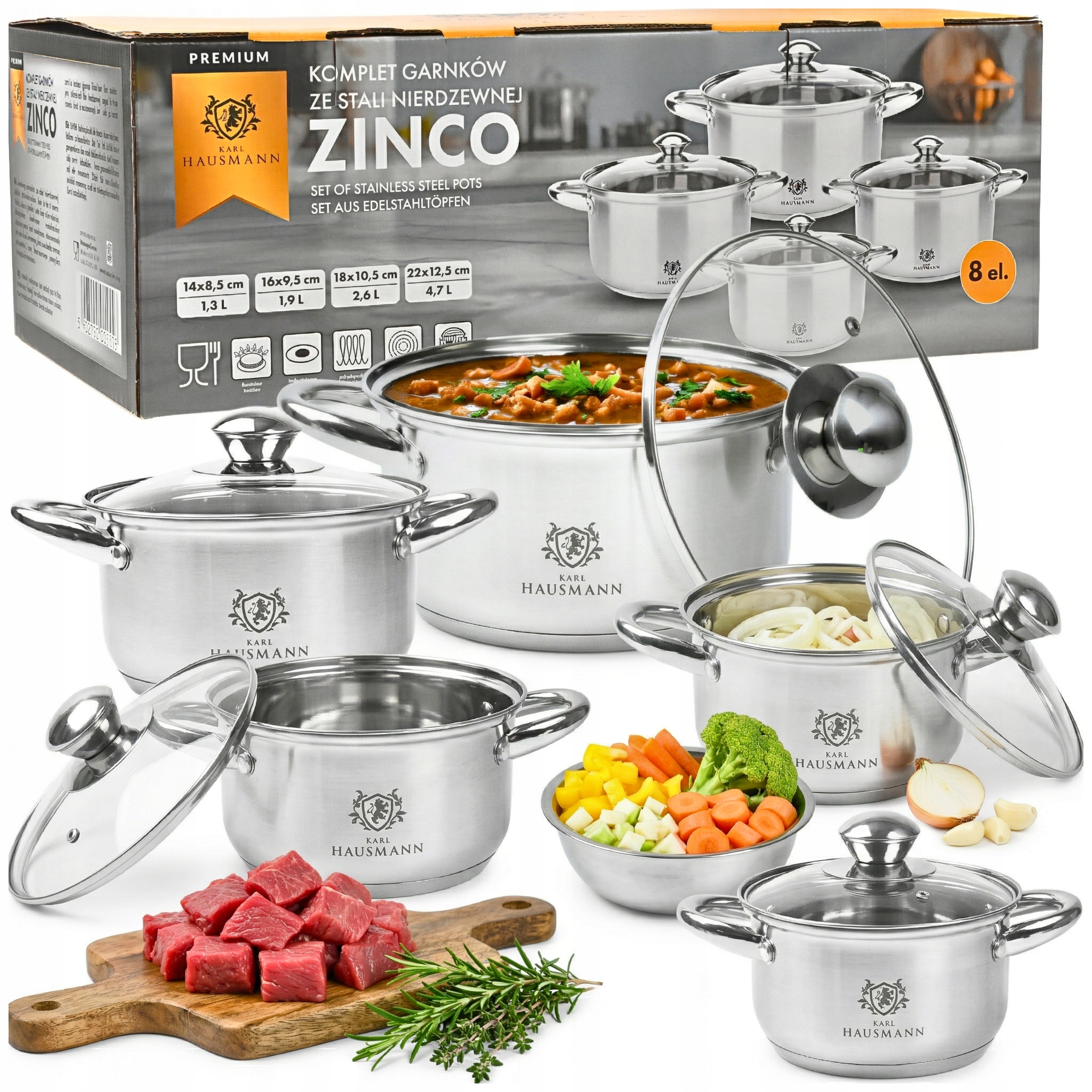 Sada Hrnců Indukce Gaz Komplet Hrnce Zinco 8EL. Nerezová Ocel 18/0