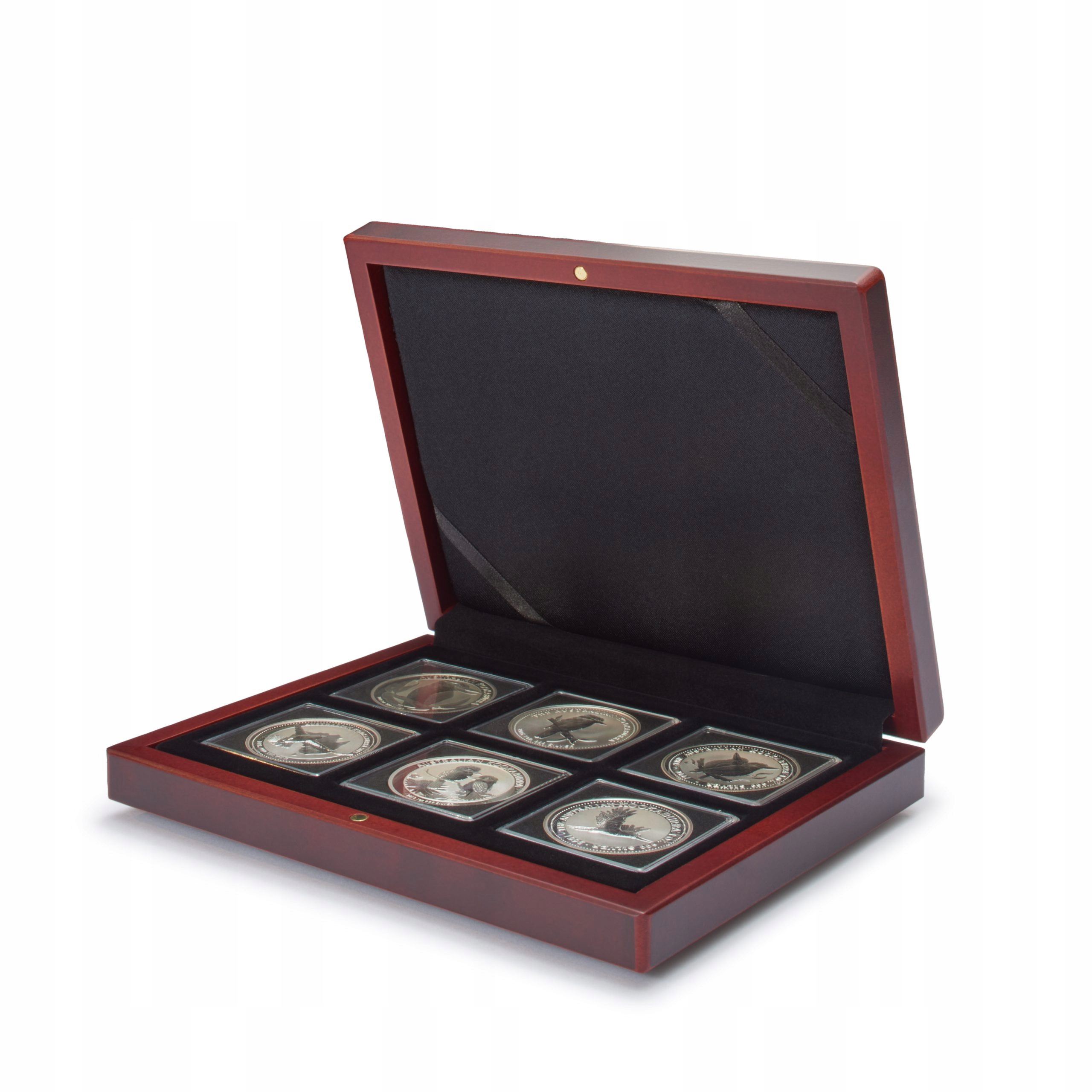 Mahagonové pouzdro Volterra Leuchtturm na šest (6) mincí v kapslích Quadrum