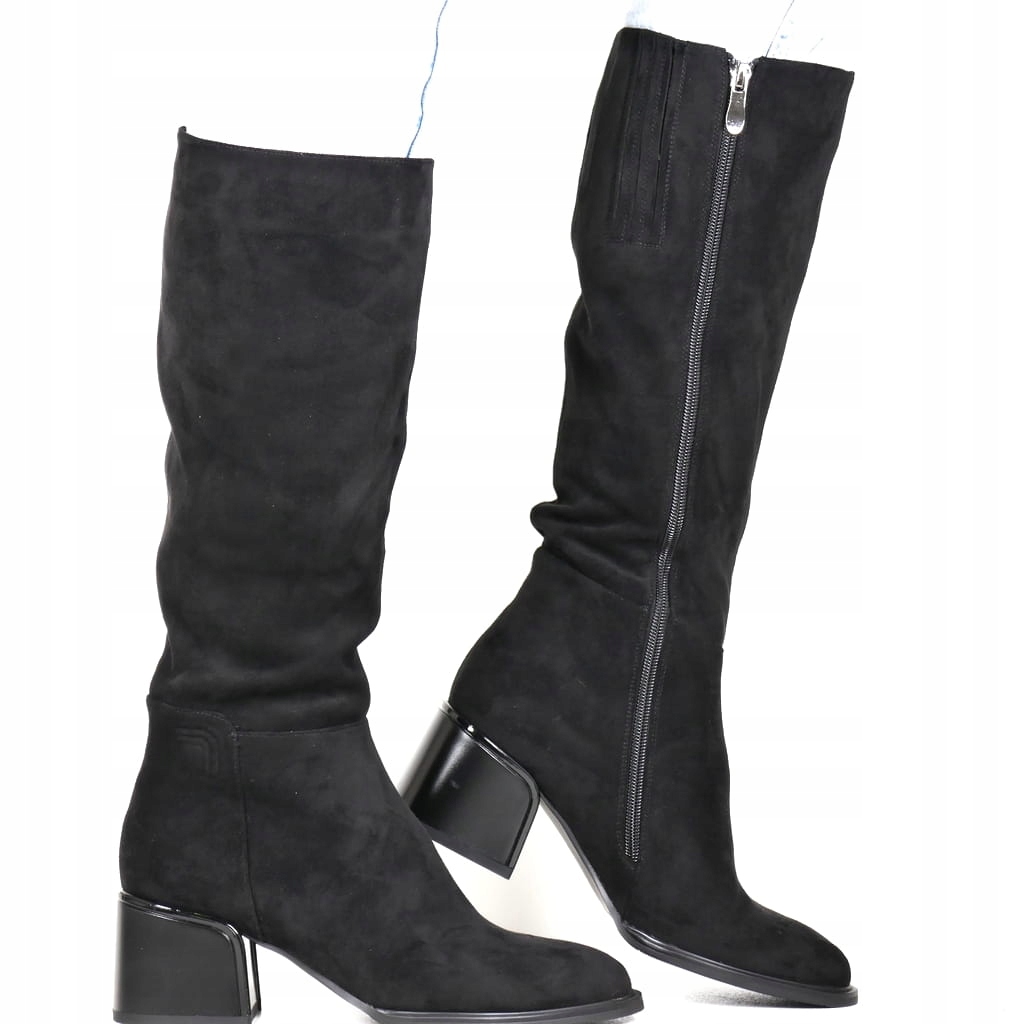 Černé Semišové Zimní Kozačky Zateplené Boty Ke Kolenům, Stabilní Podpatek, Nové