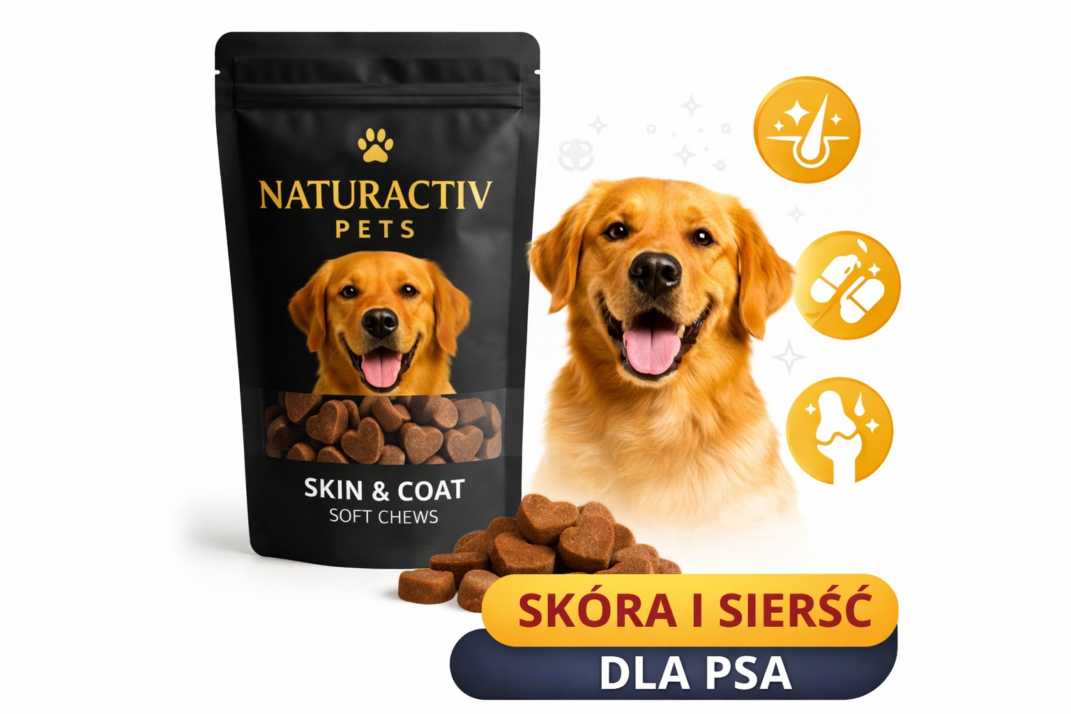 Pochoutky a vitamíny na kůži a srst pro psa lesklá srst
