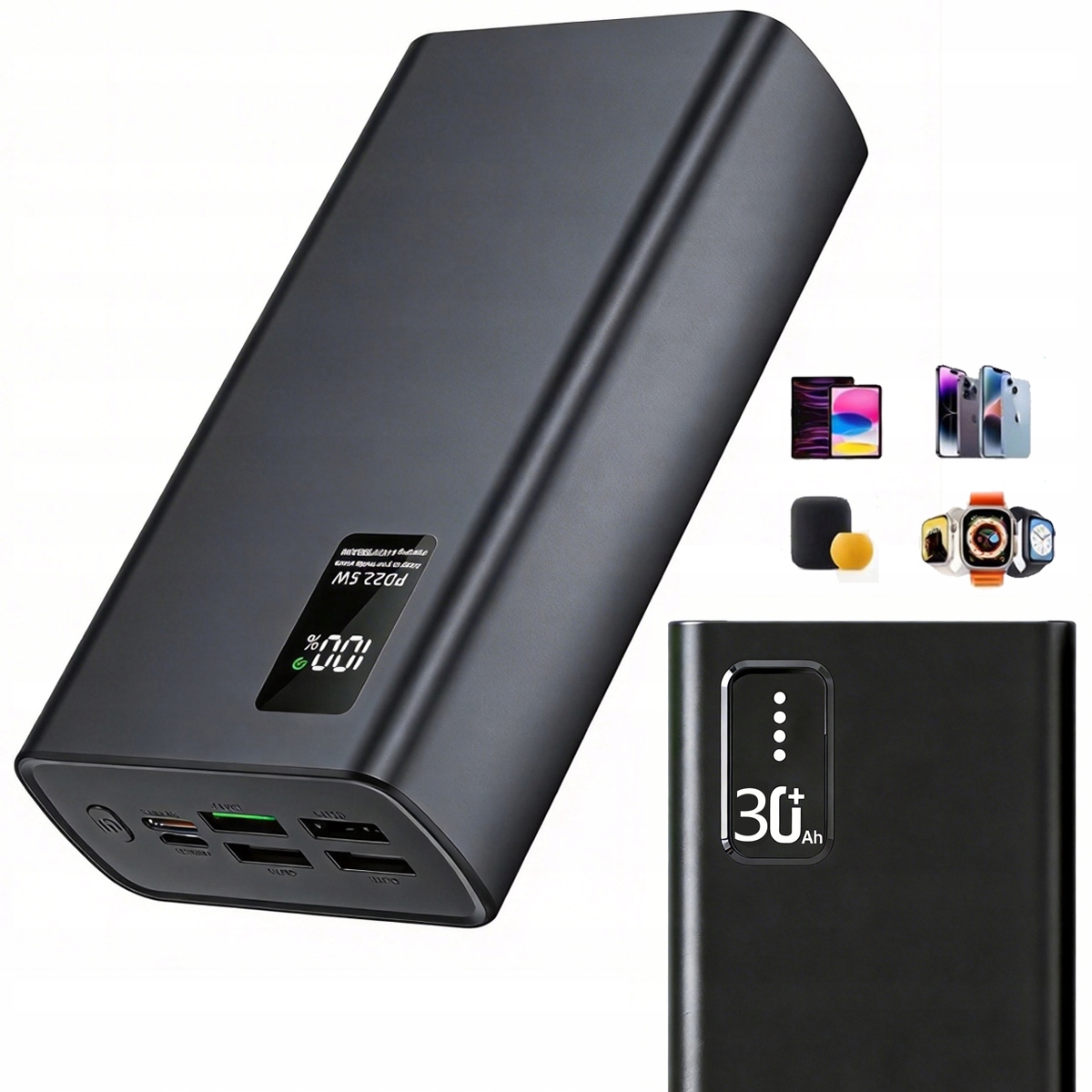 Powerbank 30000mAh 20W 4x Usb 1x Usb-a szybkie ładowanie Qc 3.0 Czarny