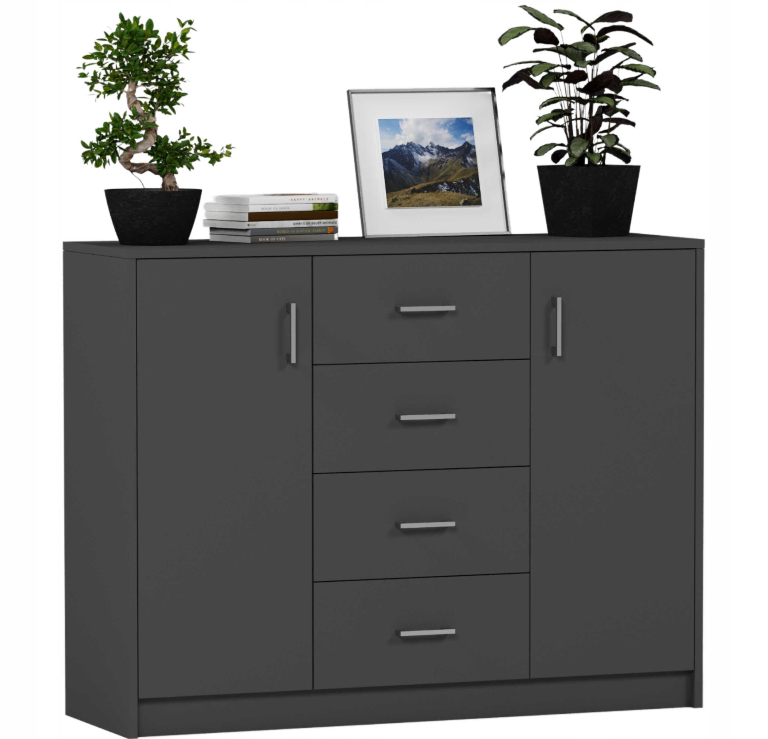 KOMODA 110CM SZAFKA 4 SZUFLADY 2 PÓŁKI Antracyt U1
