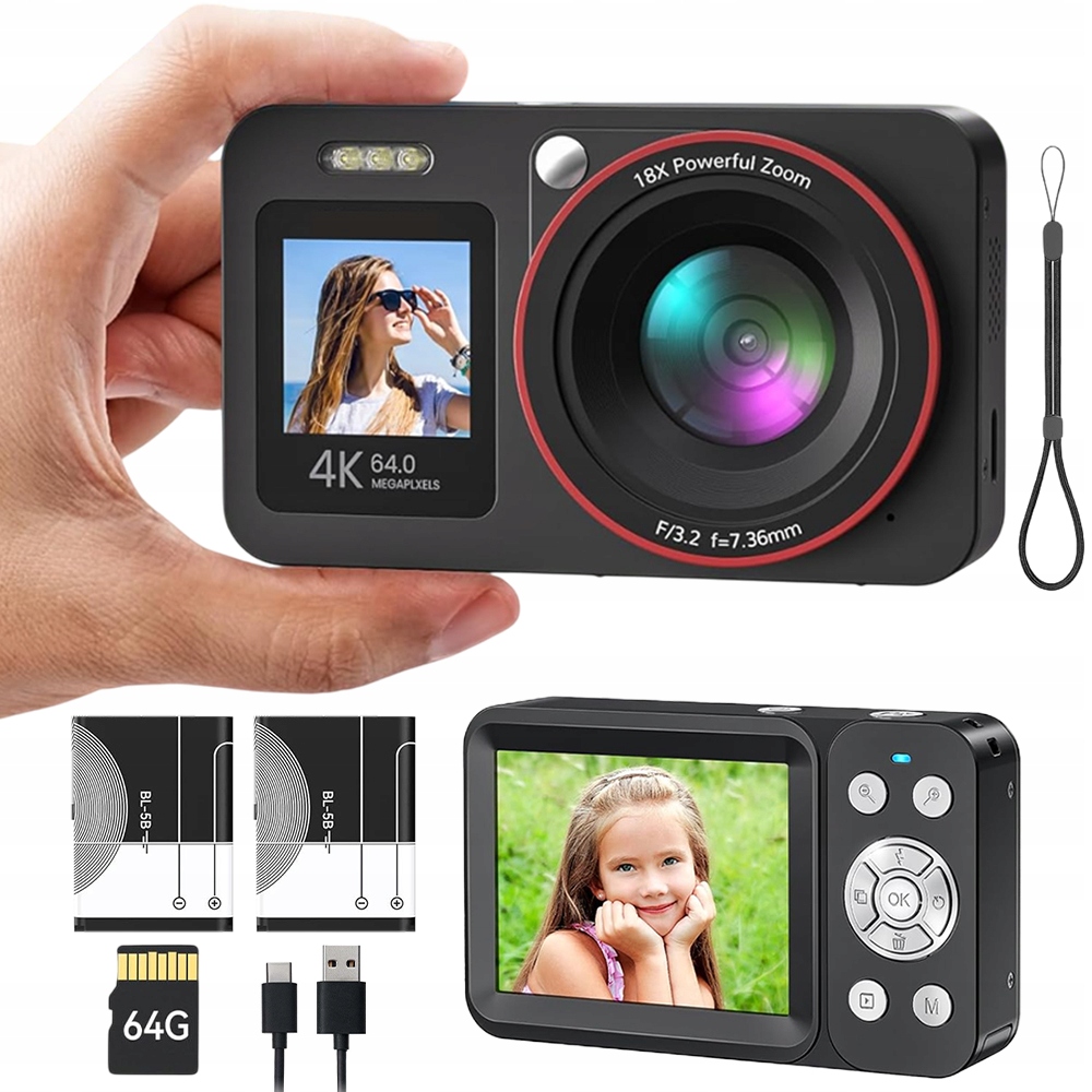 Digitální Fotoaparát 64MP 4K 18X Zoom, Kompaktní Paměť, 64GB Karta, Černý