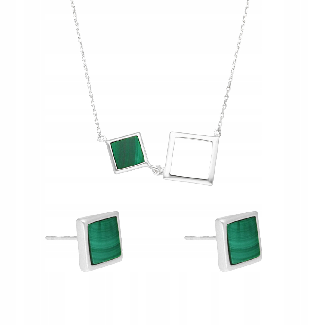 Komplet čtverec s malachitem a stříbro rhodiovaným