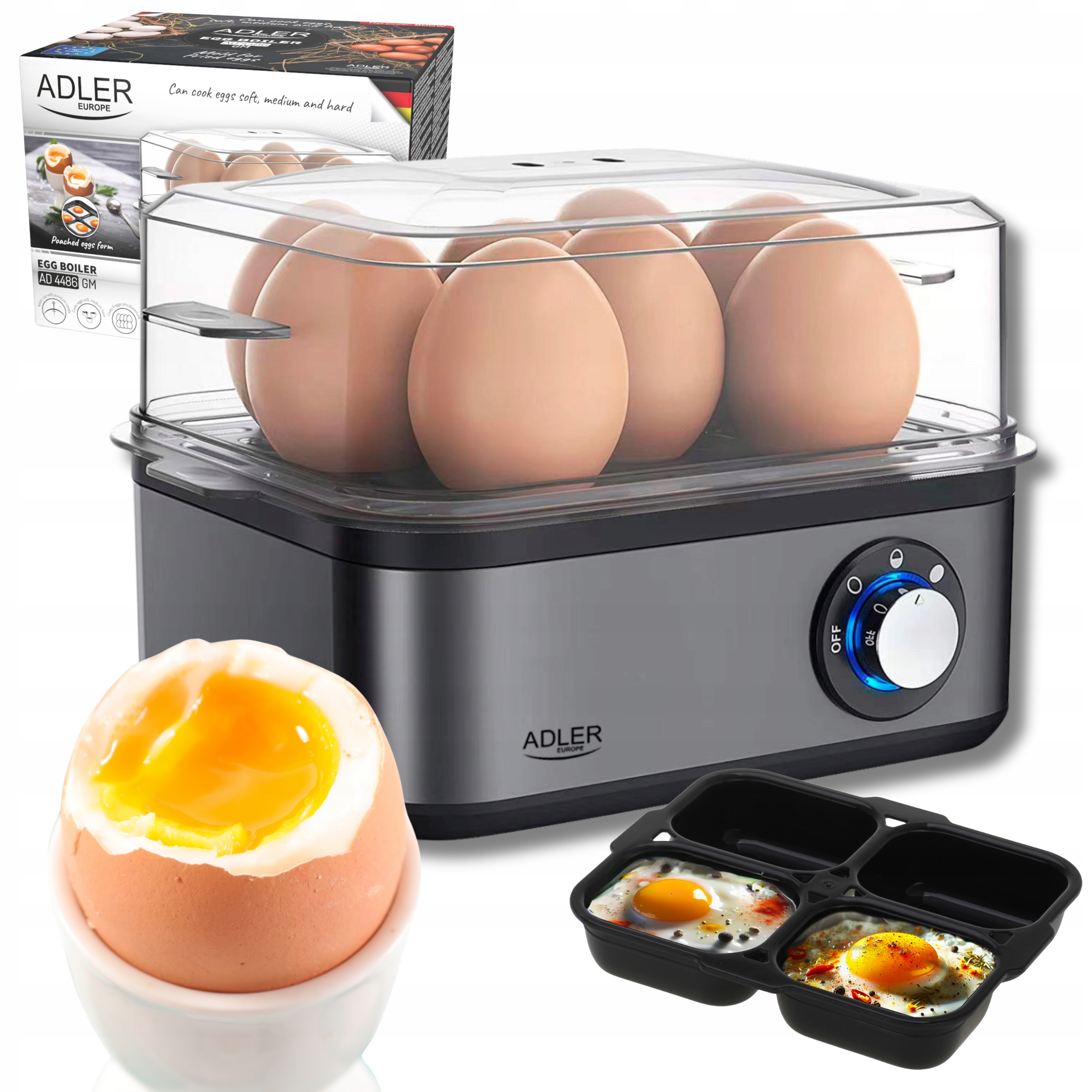 Vařič Vajec pro vaření 8 vajec, 3 stupně tvrdosti na měkko, středně tvrdé