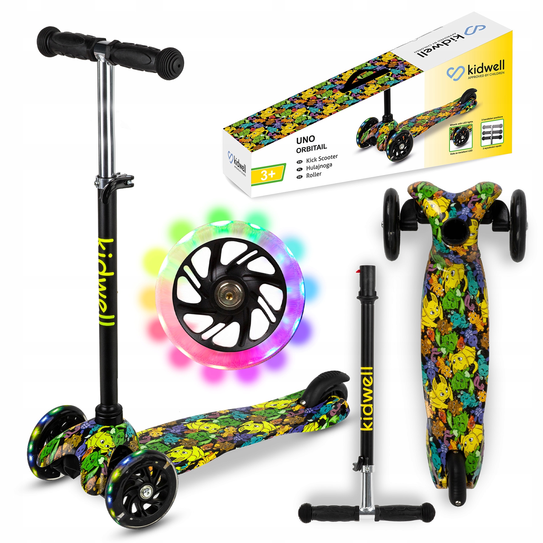 Hulajnoga balansowa Kidwell Uno dla dzieci jak pokemon kolor trójkołowa Led