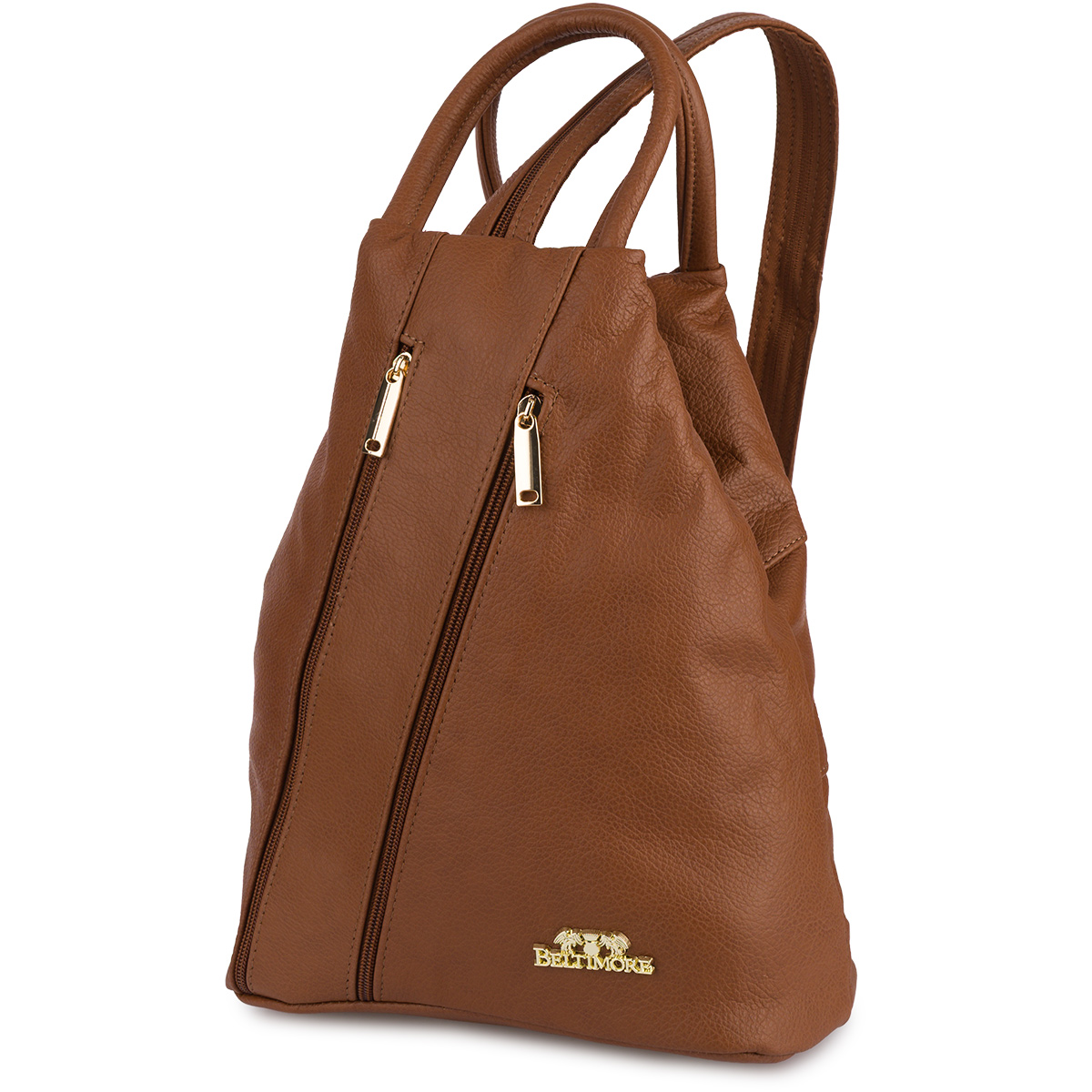 Batoh s ikonickým trojúhelníkovým ramenním popruhem, kabelka camel Beltimore