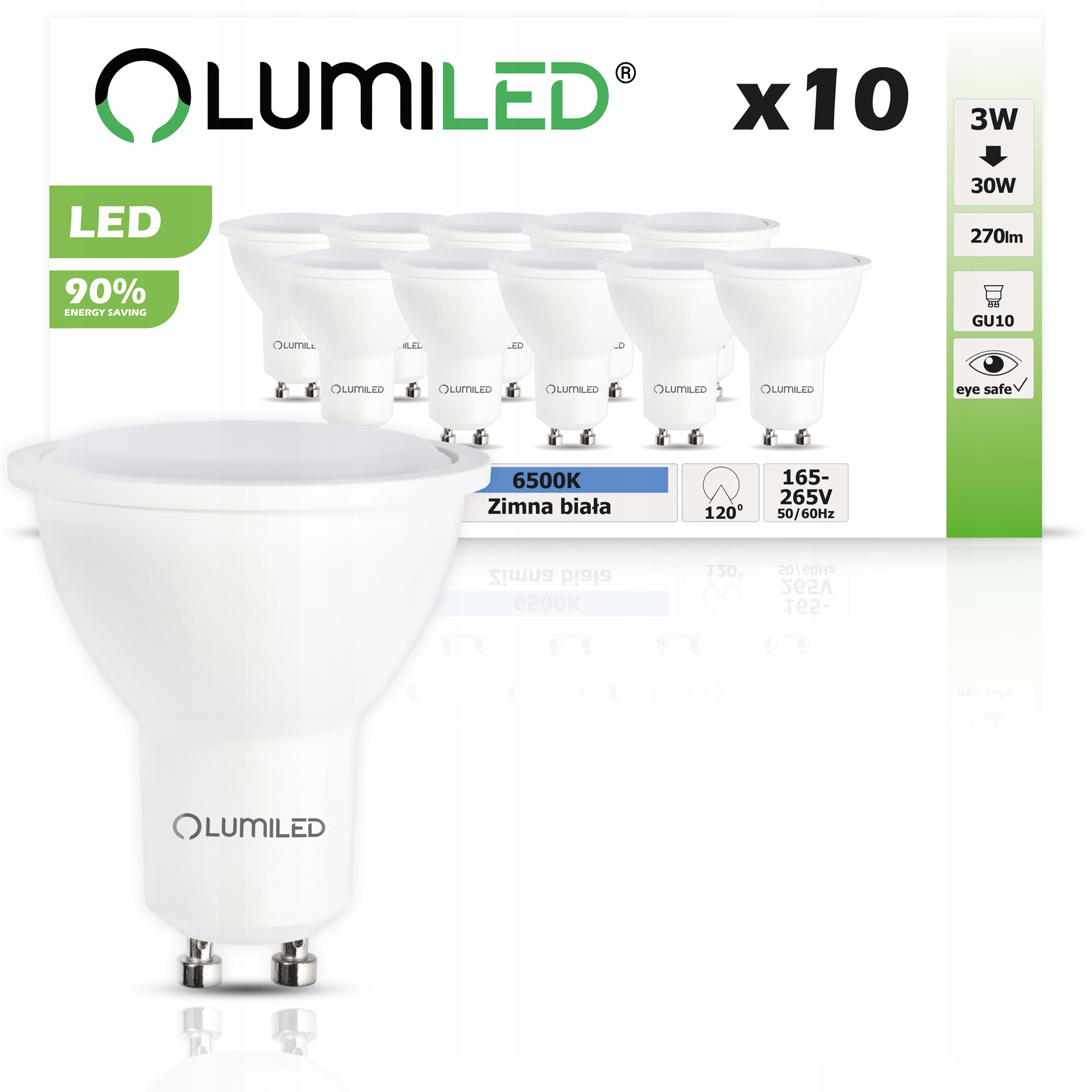 10x Żarówka LED GU10 3W = 30W 6500K 120D LUMILED EAN (GTIN) 5904422714895