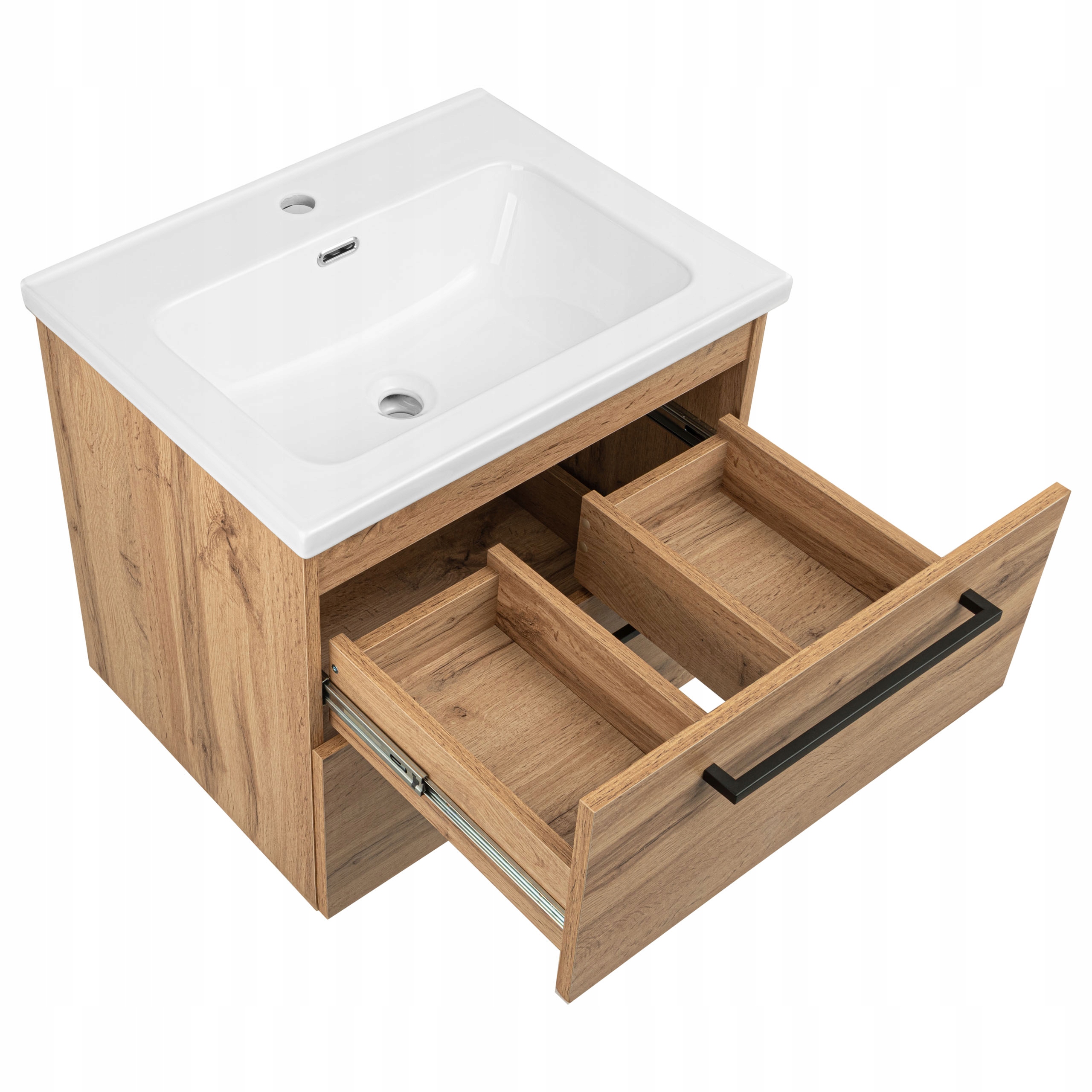 SZAFKA ŁAZIENKOWA WISZĄCA Z UMYWALKĄ LUSTREM LAMPKĄ LED DĄB WOTAN 60 cm Szerokość mebla 60 cm