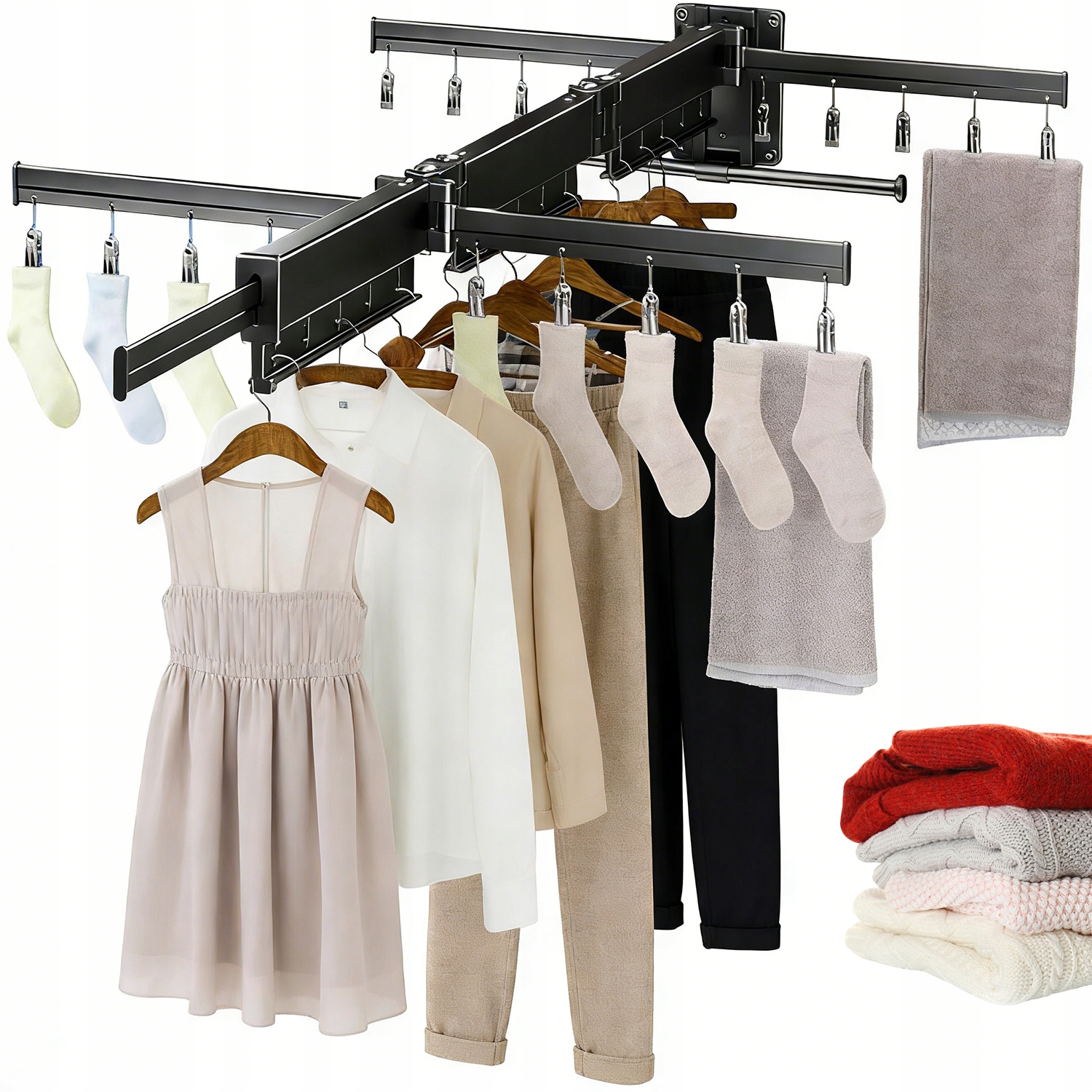 Levně Nástěnný Věšák Na Oblečení Skládací, Otočný O 360° Hliníkový, Černý, 51 Palců