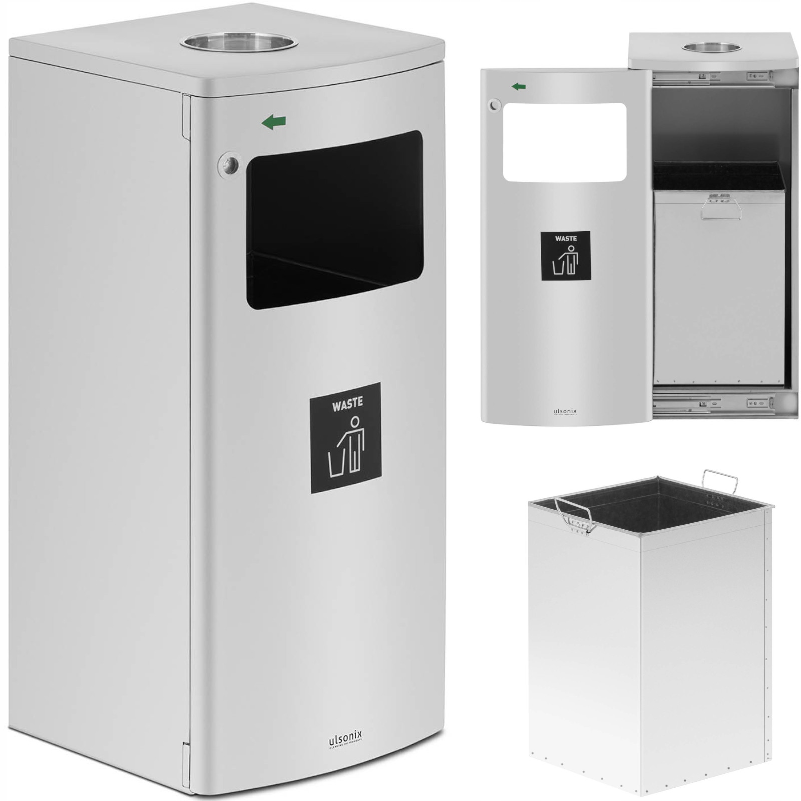 Levně Ocelový odpadkový koš s popelníkem, stříbrná městská nádoba na odpadky