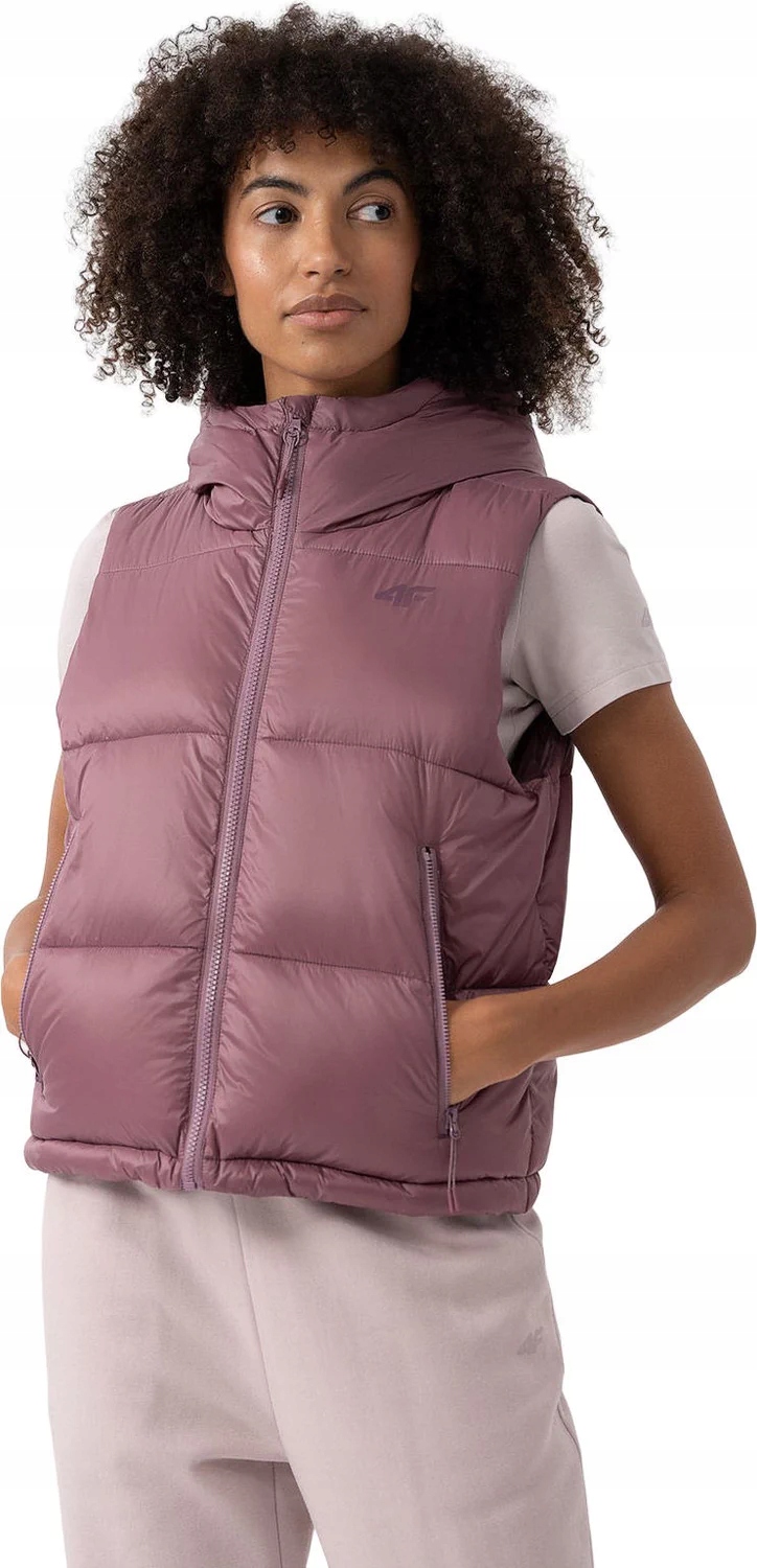 4F Dámská s kapucí prošívaná péřová vesta vesta starorůžová Xs