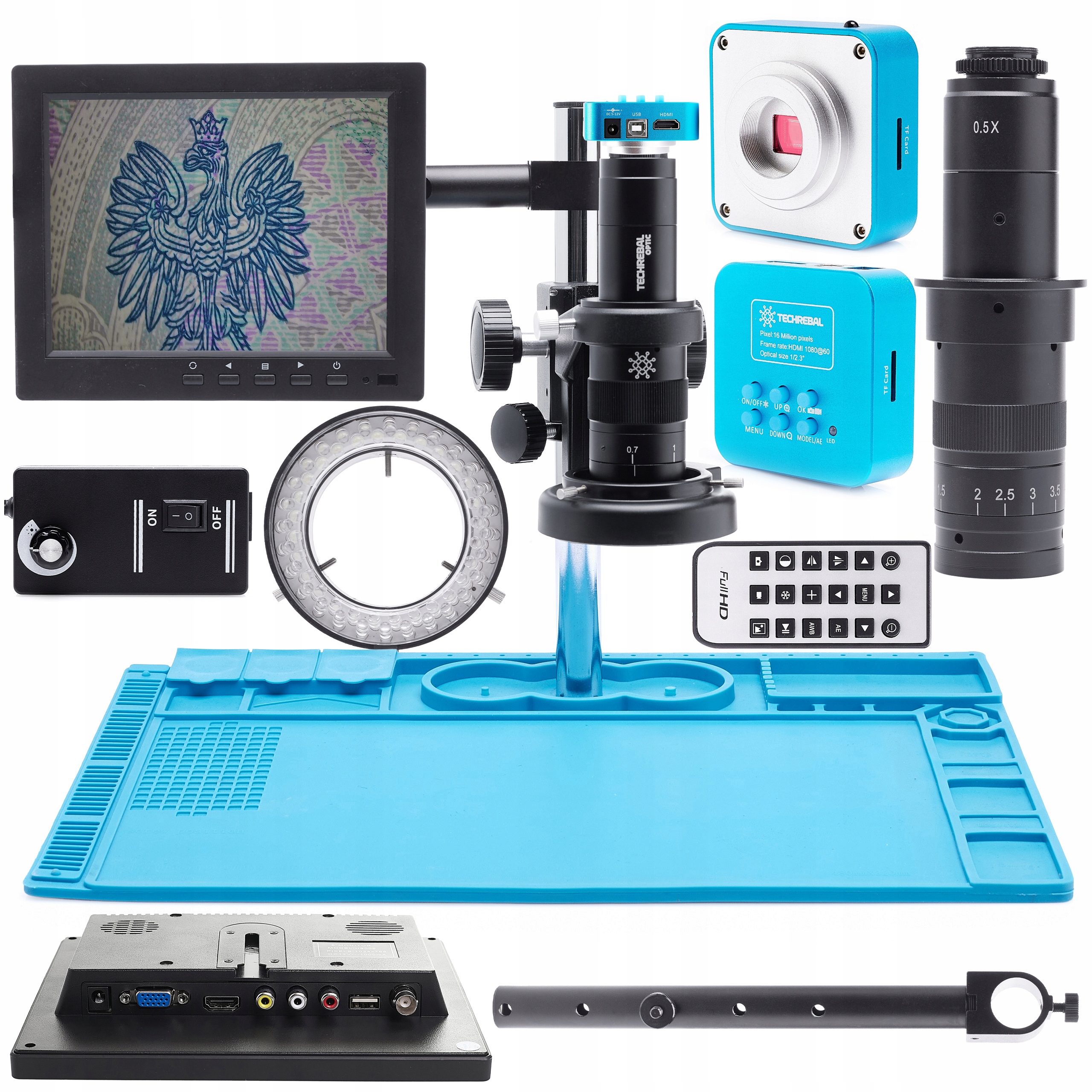 Digitální Mikroskop Zoom 45x Kamera 16MP Mata Lampa 56x Led Monitor 8"