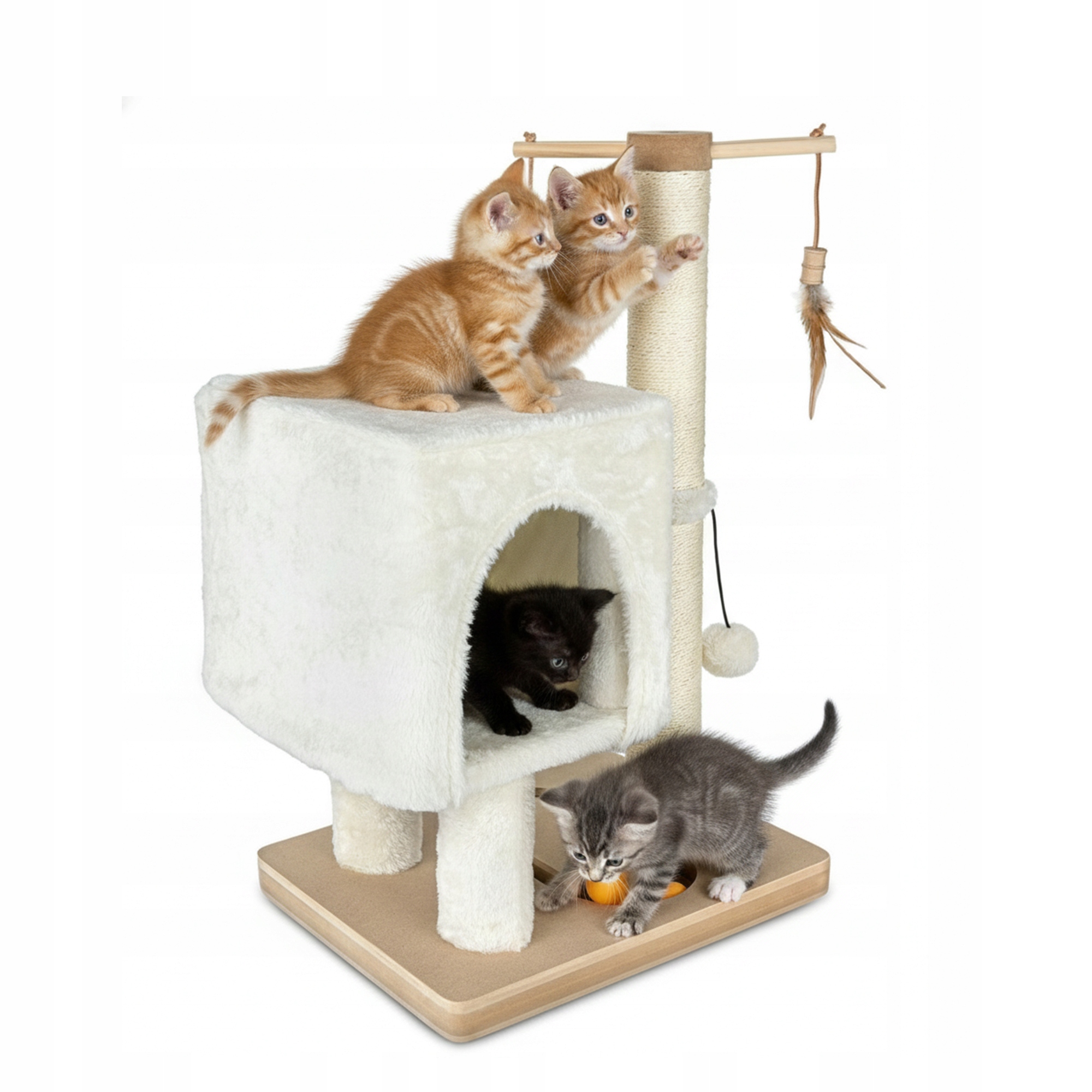 Škrabadlo světle béžové pro kočky 64 cm pelíšek 3 úrovně hračka na sloupku
