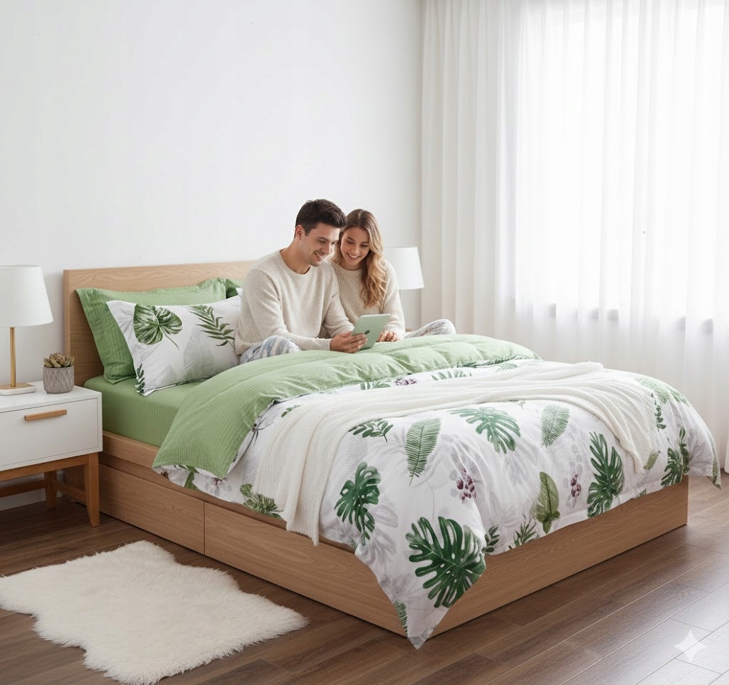 3dílná sada povlečení na peřinu s motivem zelených tropických listů, 100% bavlna, do ložnice 160x200 cm