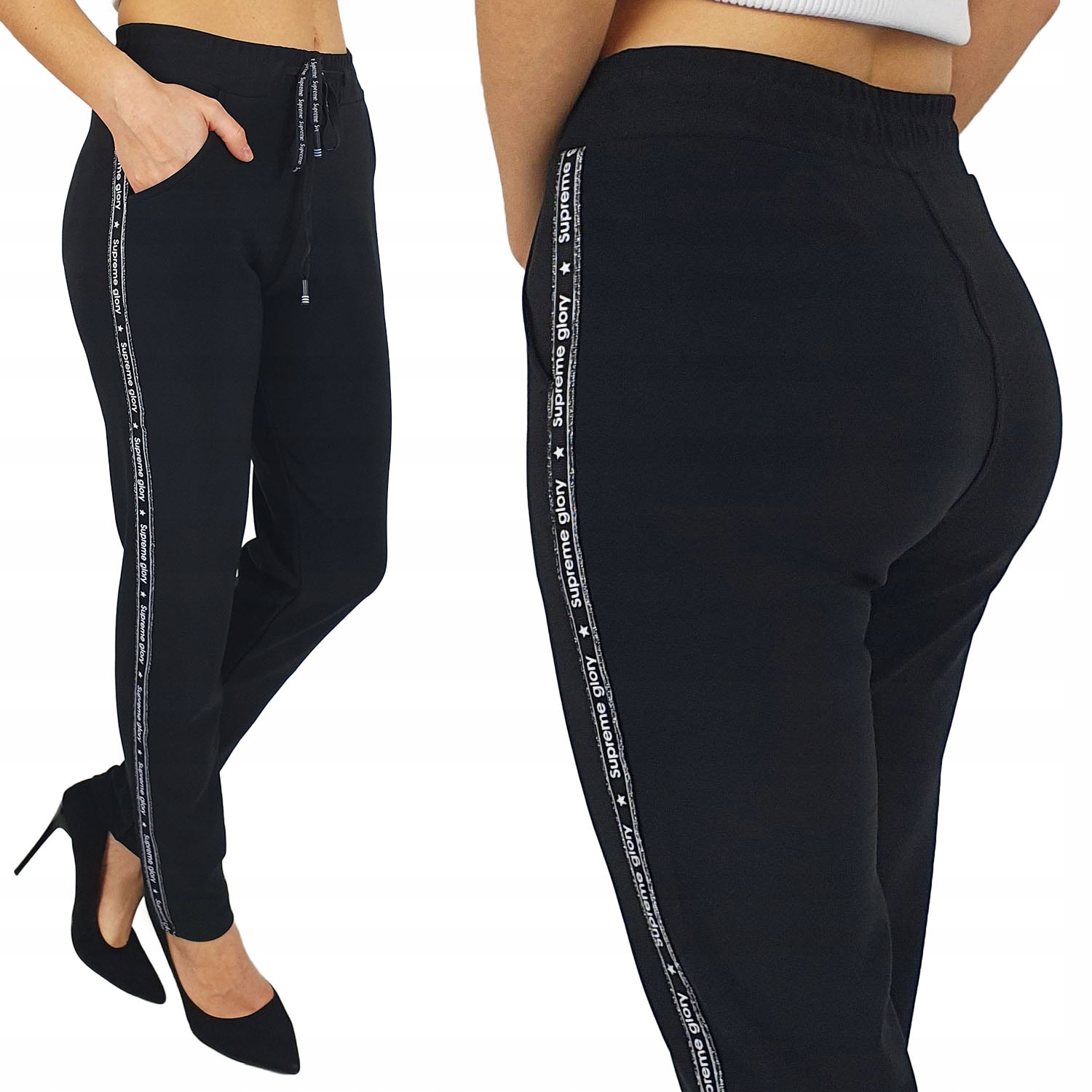 

Damskie Spodnie Dresowe Dopasowane Lampasy Black