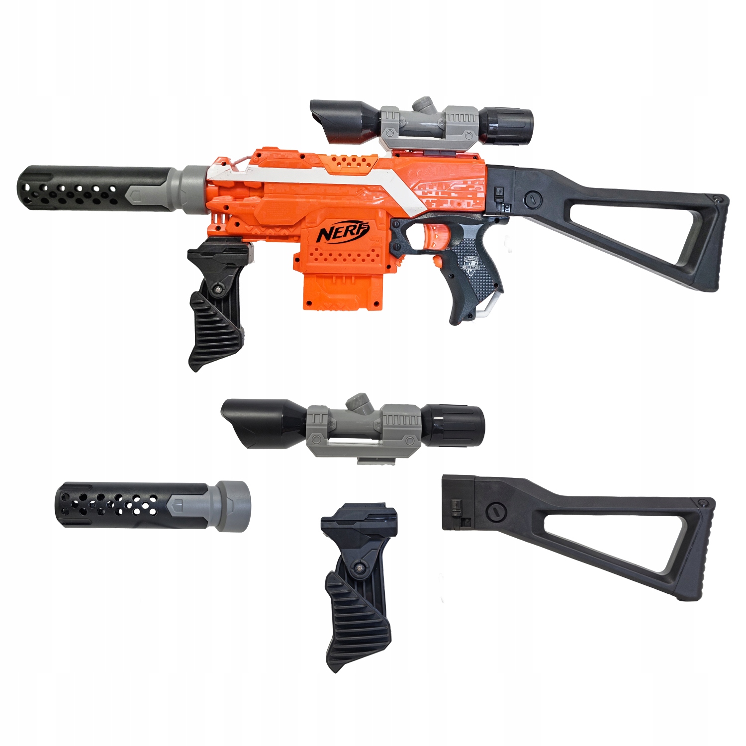 4 DODATKI DO NERF Elite KOLBA CELOWNIK TŁUMIK do Commander Echo Phoenix Materiał plastik