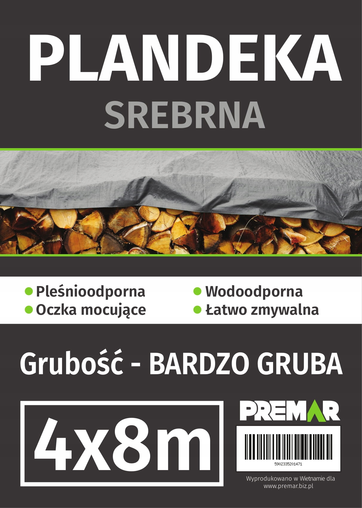 PLANDEKA 4X8 SREBRNA BARDZO GRUBA OKRYCIOWA MROZOODPORNA Z OCZKAMI Producent Premar