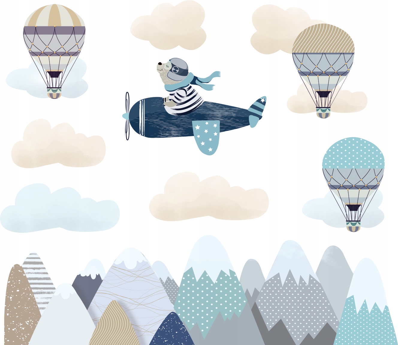 NAKLEJKI NA ŚCIANĘ MIŚ PILOT GÓRY BALONY 100x200cm BK10