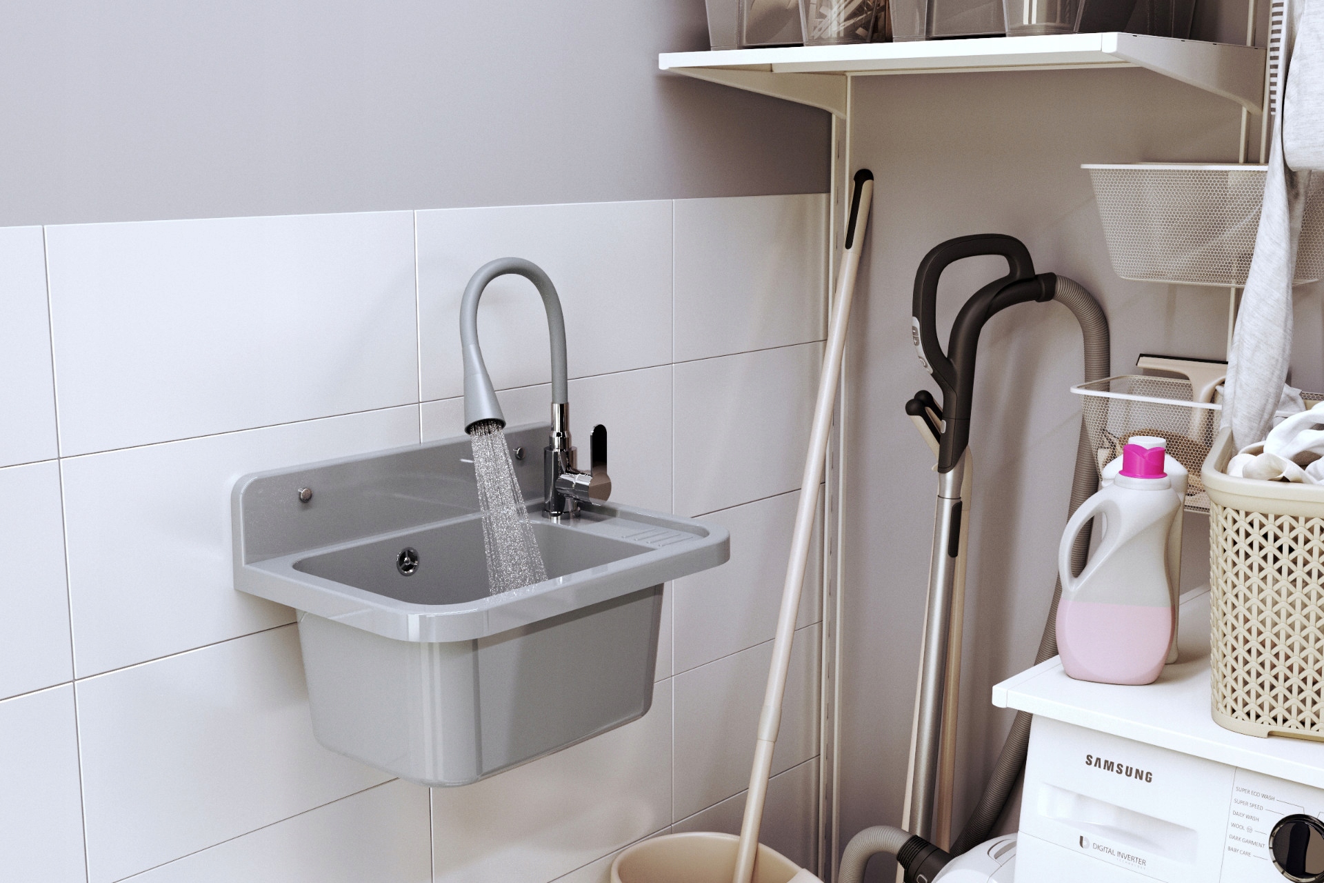 ZLEW GOSPODARCZY SZARY KOMORA TECHNICZNA BATERIA Z ELASTYCZNĄ WYLEWKĄ PARON Rodzaj wpuszczany