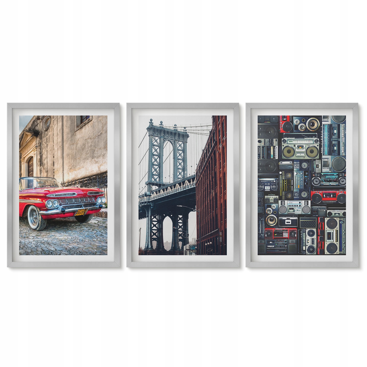 Moderní obrazy do ložnice Triptych Staré auto most Brooklyn retro audio