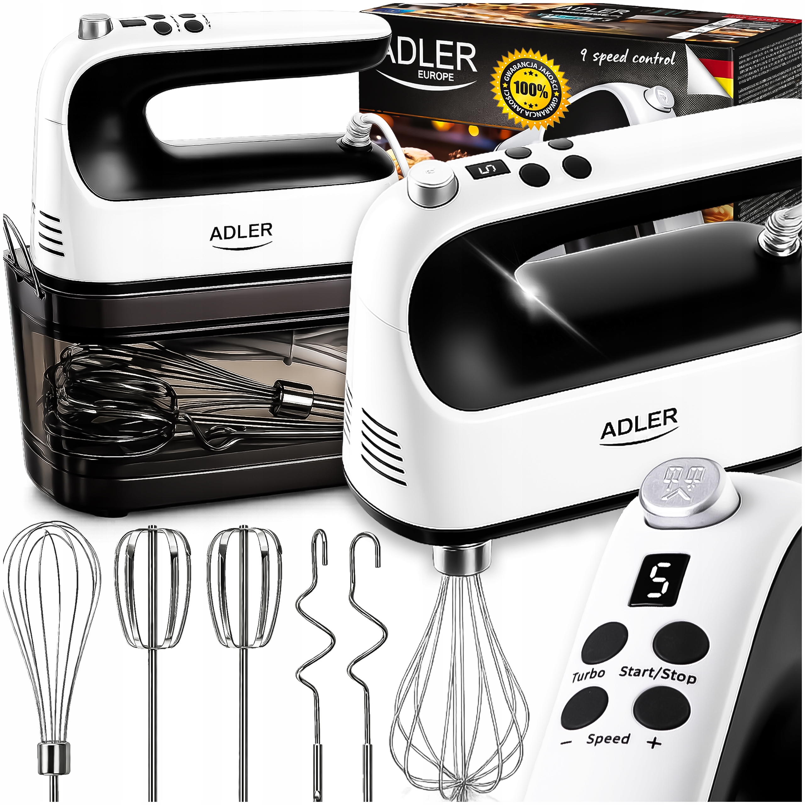 Mikser Ręczny Robot Kuchenny Lekki 9 Trybów LCD 5 Końcówek 600W Mixer 5W1