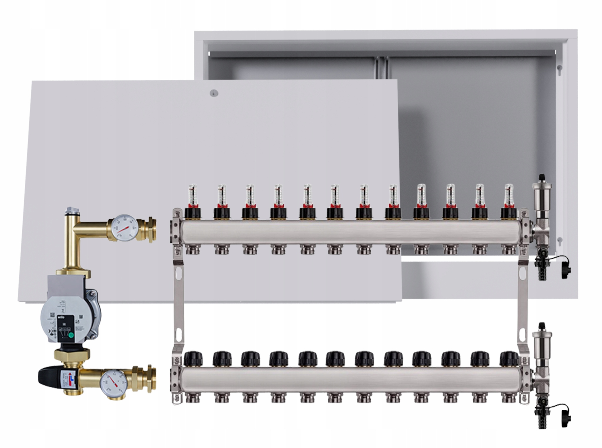 Nerezový rozdělovač pro podlahovku 12 s nástěnným boxem Pumpa Wilo