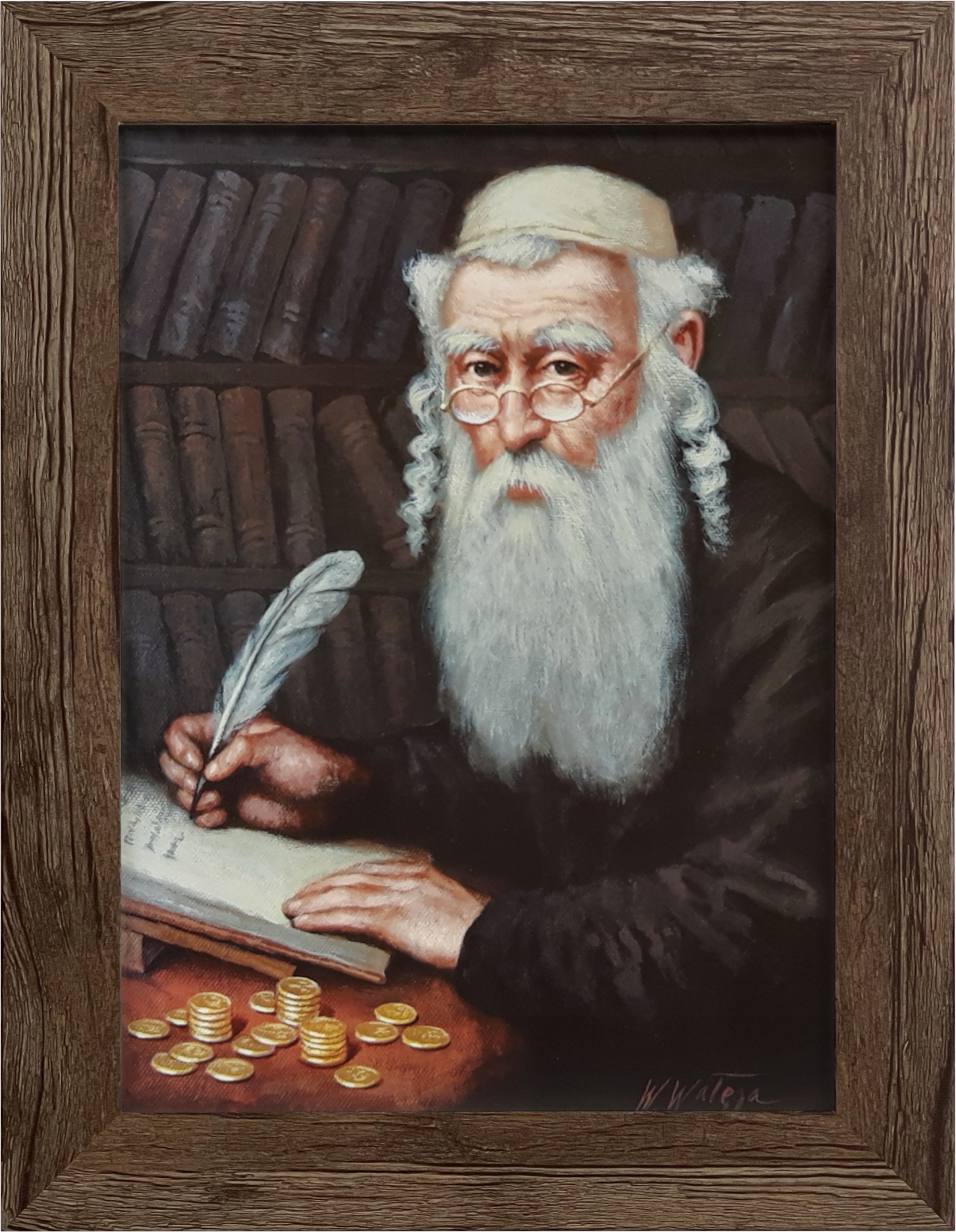 OBRAZ 29x22 ŻYD LICZĄCY PIENIĄDZE DĘBOWA RAMA