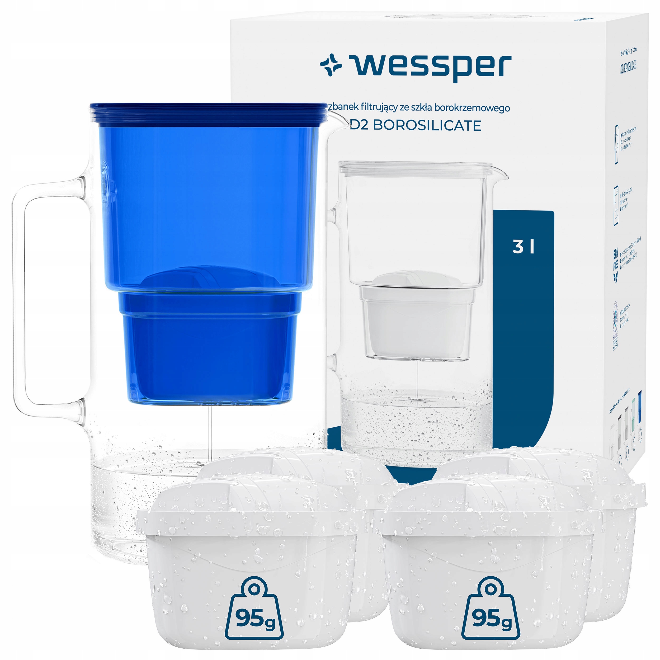 Filtrační konvice skleněná Wessper D2 Borosilicate 3l 5x filtr Aquamax