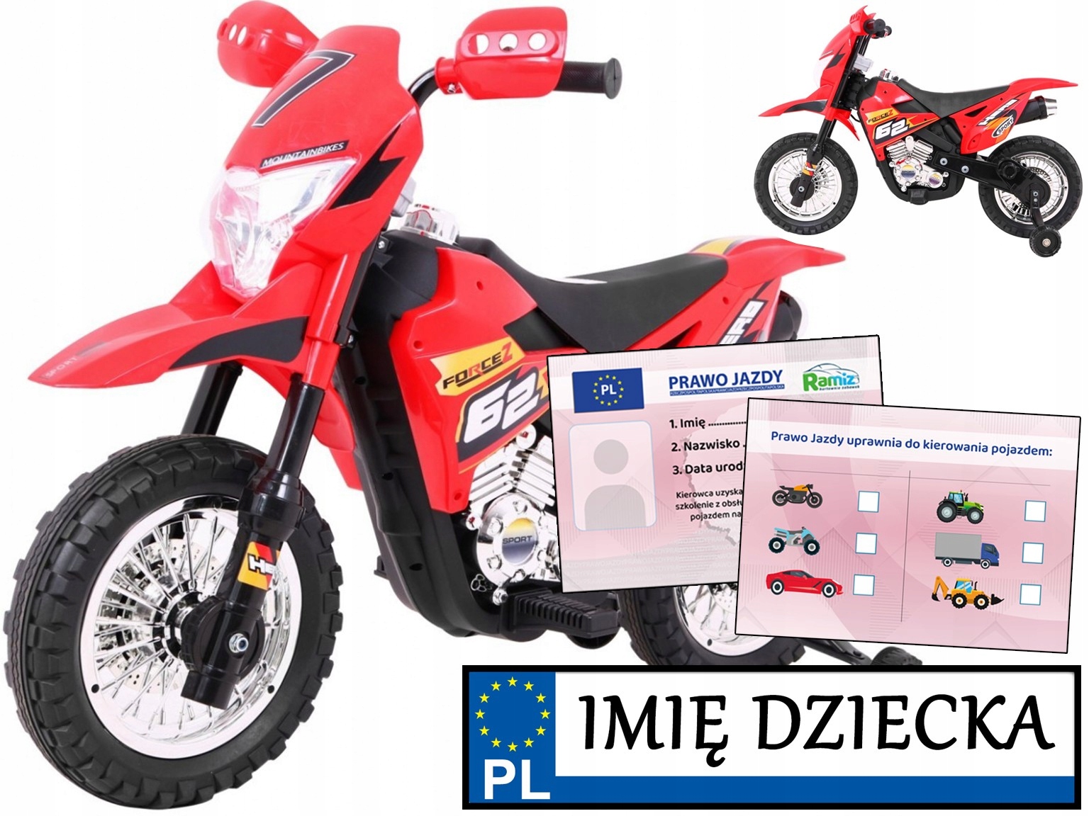 Motor Cross duży motorek elektryczny terenowy dla dzieci kółka boczne