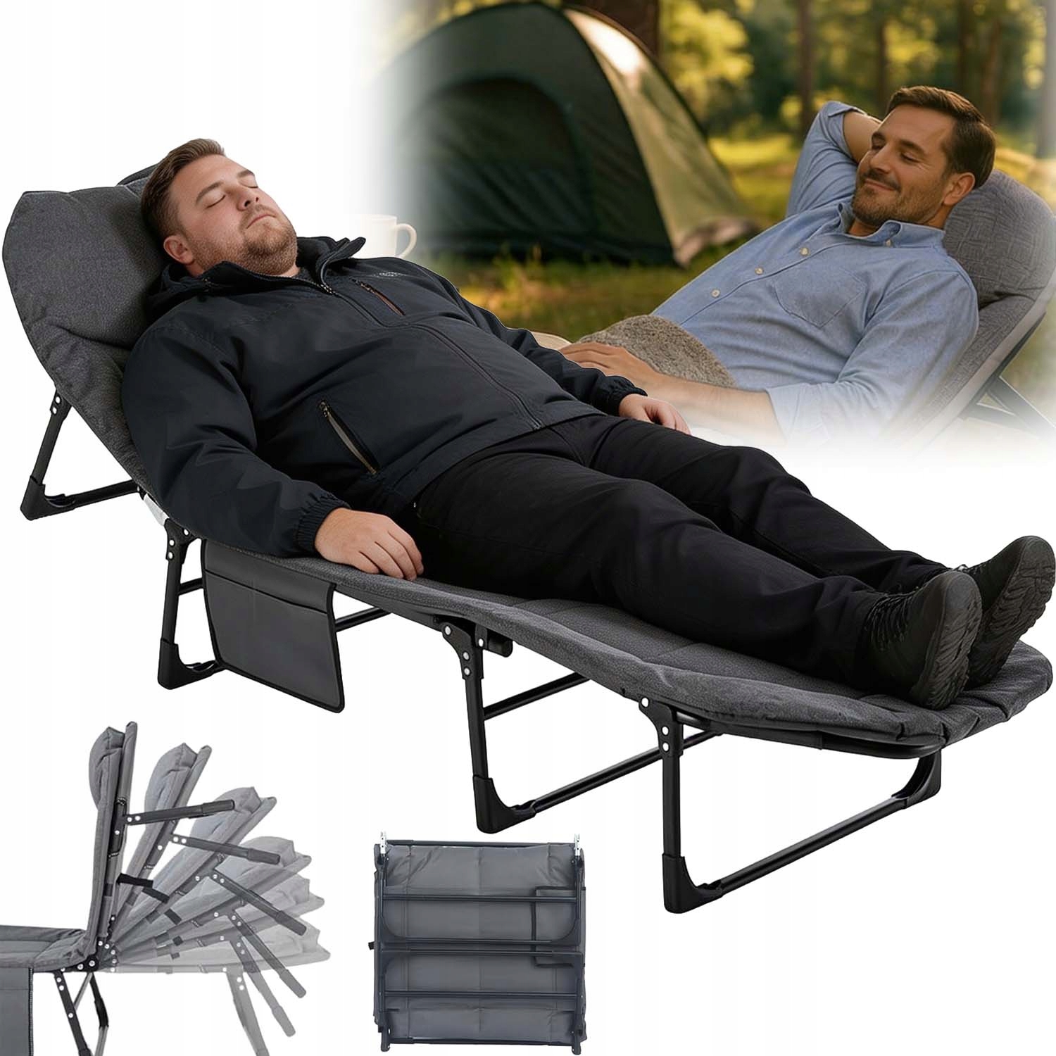 Skládací Polní Turistické Lehátko, Stabilní Design 2 V 1, Šedá Barva